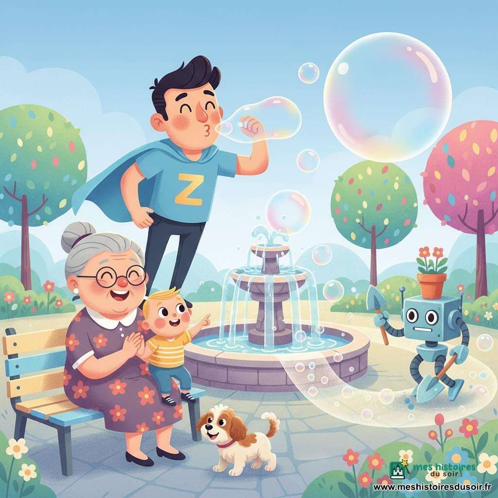 Zéphyr Flash, visage joyeux, cheveux noirs en piques et cape bleu clair, souffle et crée de grosses bulles d'énergie translucides autour d'une fontaine ronde en pierre; une mamie aux cheveux gris en chignon rit assise sur un banc en bois coloré, tenant un bébé garçon émerveillé qui pointe la fontaine, un petit chien brun et blanc remue la queue au pied du banc et un robot-jardinier métallique de la taille d'un enfant, pelle trop grande et pot de fleurs sur la tête, suit les bulles qui tracent un chemin lumineux dans le parc des Nuages aux allées pavées, massifs de fleurs multicolores, arbres aux feuilles pastel et ciel bleu clair, atmosphère douce, couleurs vives et formes simples.