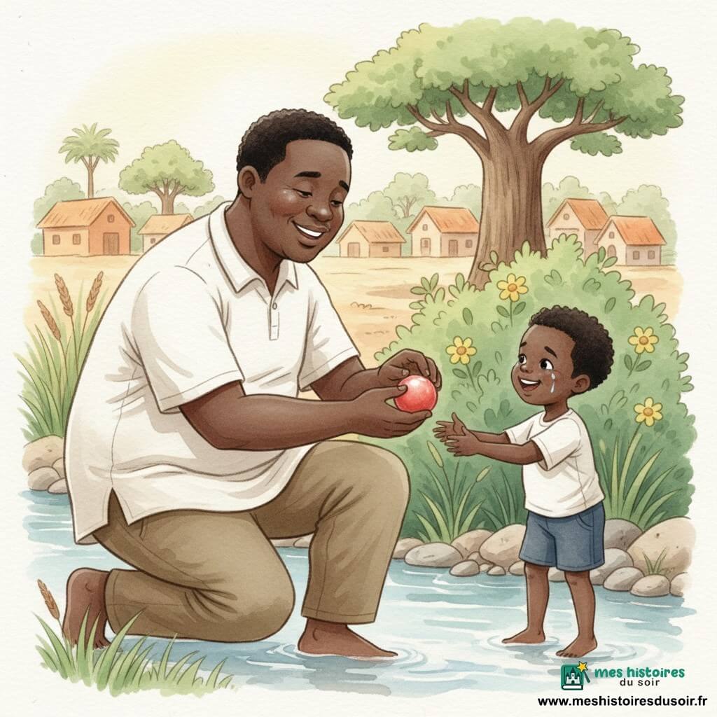 Kofi, grand et doux, visage rond, peau brune, cheveux courts noirs, souriant, s'accroupit et tend une petite balle rouge brillante à un garçon d'environ 6 ans aux cheveux crépus courts, larmes aux yeux mais souriant, qui tend les mains près d'une rivière; à côté, un buisson vert avec fleurs jaunes où la balle était coincée; décor : village ensoleillé aux maisons ocre, grand baobab, herbes hautes et galets, rivière claire aux reflets bleus; scène tendre aux couleurs chaudes, traits doux et textures aquarelle, focalisée sur l'échange de la balle.