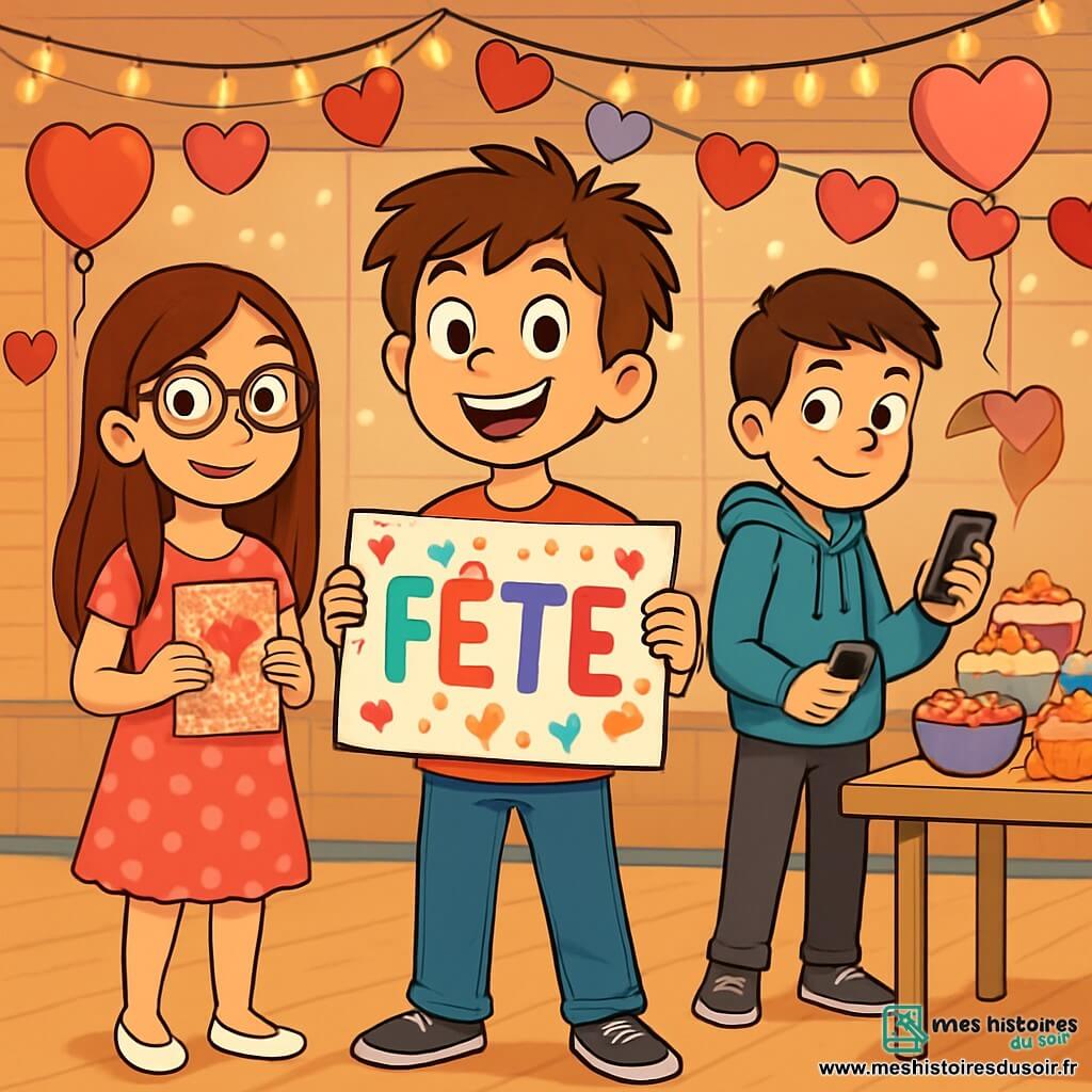 Quatre enfants préparent une fête de la Saint-Valentin dans une salle de sport décorée de guirlandes et de ballons. Valentin, 12 ans, souriant, tient une affiche colorée. Léa, également 12 ans, à côté de lui, montre une carte d'invitation. Sam, avec un smartphone, teste la musique en retrait. Chloé, à l'arrière, accroche des guirlandes de cœurs. L'ambiance est festive et joyeuse, marquée par des rires et une atmosphère d'amitié.