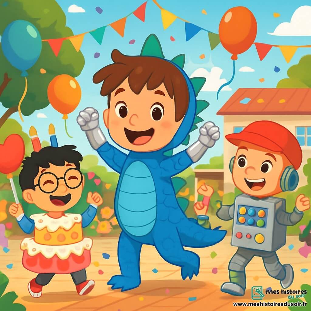 Il y a trois personnages : Tom, un garçon de 8 ans avec des cheveux bruns en bataille, portant un costume de dragon avec des écailles bleues et des bras de robot en aluminium, se tient au centre, souriant et levant les bras. Sami, un garçon de 7 ans avec des cheveux noirs et des lunettes rondes, est à gauche de Tom, vêtu d’un costume de gâteau coloré avec des bougies en papier, riant et tenant un ballon en forme de cœur. Léo, un garçon de 8 ans avec des cheveux blonds et une casquette rouge, se trouve à droite de Tom, habillé d’un costume de robot avec des lumières clignotantes, faisant des mouvements de robot. Le lieu est une cour d'école ensoleillée, décorée de guirlandes multicolores et de ballons flottants, où des enfants dansent et rient autour d'une scène en bois, avec des confettis dans l'air. Tom, Sami et Léo dansent joyeusement ensemble, entourés d'autres enfants déguisés, célébrant le carnaval dans une atmosphère festive et magique.