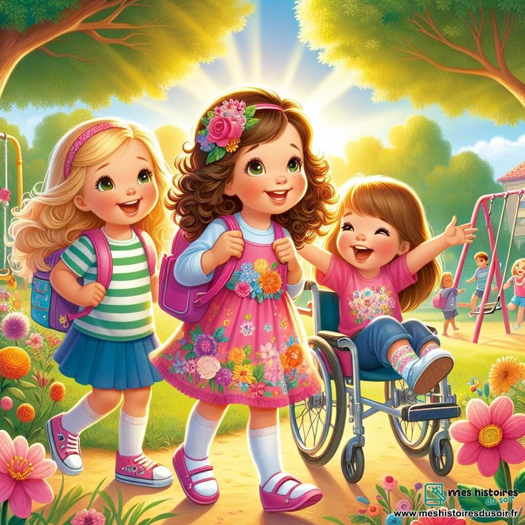 Dans un parc ensoleillé, trois petites filles se tiennent ensemble. Léa, quatre ans avec des cheveux bouclés et une robe colorée, sourit en tenant son sac à dos rose. À sa droite, Clara, également quatre ans, danse avec un t-shirt à rayures. À gauche, Juliette, en fauteuil roulant, rit en tenant un dessin de fleurs. Le parc est verdoyant avec des arbres et des fleurs. Au fond, des balançoires et des enfants jouent, créant une ambiance joyeuse. Les trois amies discutent de leurs rêves pour la nouvelle année scolaire, prêtes à vivre des aventures ensemble.