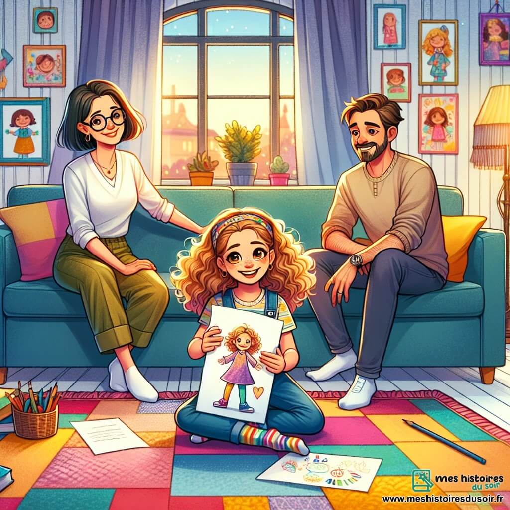 Dans un salon chaleureux, Camille, une fille de dix ans aux cheveux bouclés et aux yeux pétillants, est assise sur un tapis coloré avec un dessin dans les mains. Sa mère, souriante avec des cheveux châtains et des lunettes rondes, la regarde tendrement depuis le canapé. Son père, aux cheveux bruns et à la barbe légère, se tient près de la fenêtre, les mains dans les poches, affichant un sourire encourageant. Le salon, décoré de couleurs vives avec des coussins moelleux et des dessins d'enfants aux murs, est baigné d'une lumière douce. Camille partage fièrement son dessin avec ses parents, qui, bien que séparés, montrent leur amour et leur soutien, illustrant un moment de connexion familiale.
