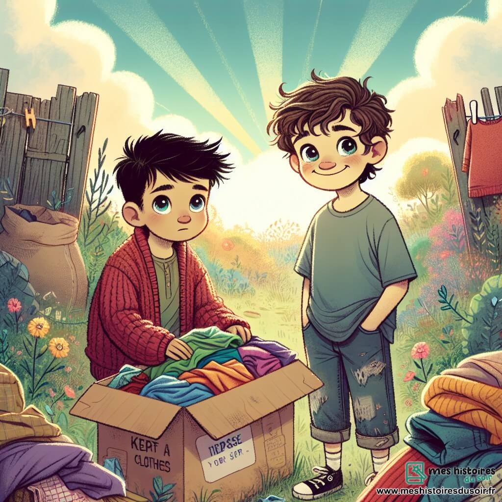 Lucas, un garçon de 12 ans aux cheveux châtains en bataille et aux yeux curieux, se tient dans un jardin en désordre, souriant. Il porte un t-shirt bleu usé et un short en jean, tenant une boîte en carton remplie de vêtements colorés. À ses côtés, Sami, également âgé de 12 ans, aux cheveux noirs et aux yeux sombres, le regarde avec admiration, vêtu d'un pull rouge trop grand. Ils sont entourés de sacs de vêtements et de jouets destinés à des familles dans le besoin. Le jardin, avec des fleurs fanées et des mauvaises herbes, est délimité par une vieille clôture en bois. Bien que le ciel soit légèrement nuageux, un rayon de soleil illumine la scène. Lucas et Sami, engagés dans une collecte de solidarité, affichent détermination et espoir, prêts à aider leur quartier.