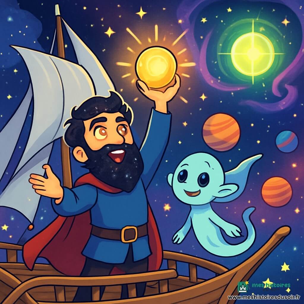 Un homme nommé Orion, avec une barbe noire scintillante et des yeux dorés, se tient sur le pont de son vaisseau vivant, l'Astrolune. Il exprime détermination et émerveillement en levant les bras vers le ciel étoilé, entouré de voiles d'argent. À ses côtés, Lumis, une créature mi-fantôme, mi-lutin, observe Orion avec un sourire bienveillant. Le cosmos est rempli de nébuleuses colorées, d'étoiles scintillantes et de planètes aux teintes vives. L'Astrolune, vaisseau fait d'argent vivant et de bois lunaire, glisse à travers des courants de poussière d'étoiles. Orion chante en levant l'Artefact de l'Aube, une sphère de lumière dorée, vers l'étoile endormie Mirélys, émettant une lueur verte et or, entourée de gaz violet, tandis que des lucioles stellaires dansent autour d'eux.