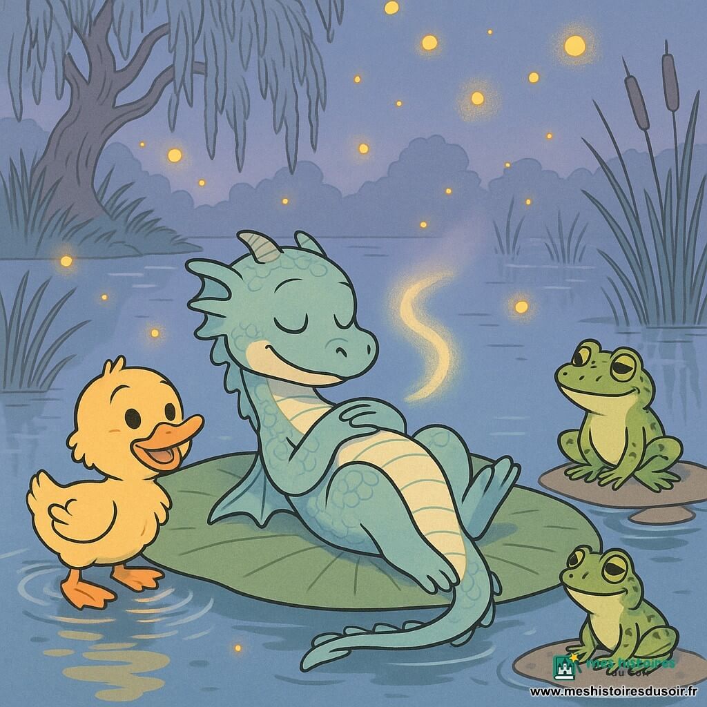 Petit dragon enfantin nommé Airel, visage serein, écailles irisées bleu-vert nacré, allongé sur une large feuille de nénuphar laissant une traînée de lumière phosphorescente ; à côté, un caneton jaune moutarde plumeux, curieux et joyeux, bat doucement des pattes dans l’eau en regardant Airel ; sur une pierre à droite, la petite grenouille verte tachetée Sève, malicieuse et calme, observe et imite les postures. Scène de coucher tranquille dans un marais crépusculaire : eau miroitante, brume légère, vieux saule aux branches tombantes et roseaux ondoyants, dizaines de lucioles jaune-orangées, palette pastel (lavande, vert sauge, jaune chaud), lumière douce et diffuse. Atmosphère apaisante, les trois amis pratiquent respirations et étirements doux, style ligne claire, traits nets, cadrage moyen-rapproché montrant visages et textures.