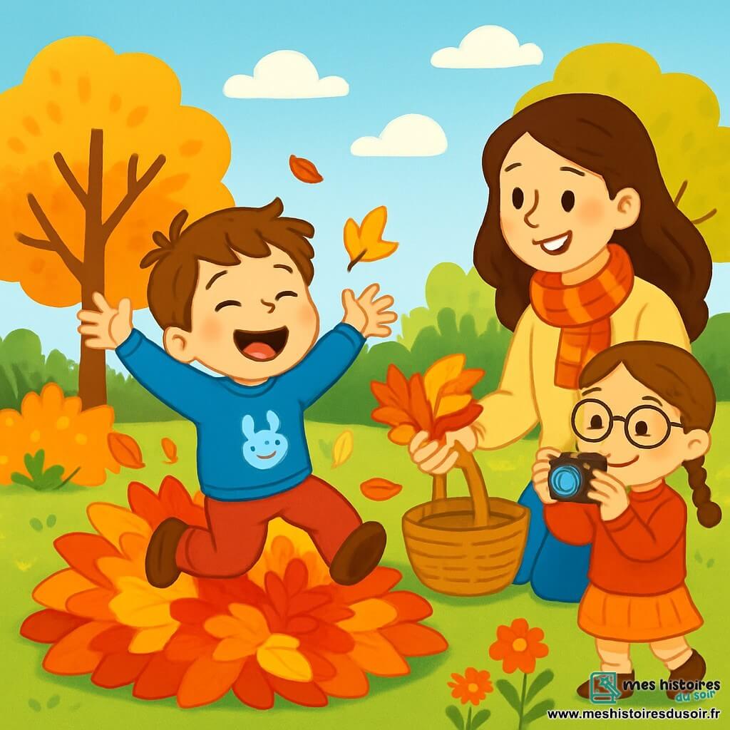 Un petit garçon de 6 ans, cheveux châtains et joues roses, saute joyeusement dans un tas de feuilles d'automne colorées. Il porte un pull bleu avec un lapin et sourit largement. À côté de lui, sa maman, environ 30 ans, cheveux bruns, ramasse des feuilles avec un panier en osier, vêtue d'un pull beige et d'un foulard coloré. Sa grande sœur Élise, 8 ans, avec des tresses et des lunettes, prend des photos des feuilles. Le jardin automnal est rempli d'arbres aux feuilles flamboyantes et d'une pelouse verdoyante sous un ciel bleu clair. Le garçon s'amuse à sauter dans les feuilles, tandis que sa maman et sa sœur l'observent tendrement, créant une scène joyeuse.