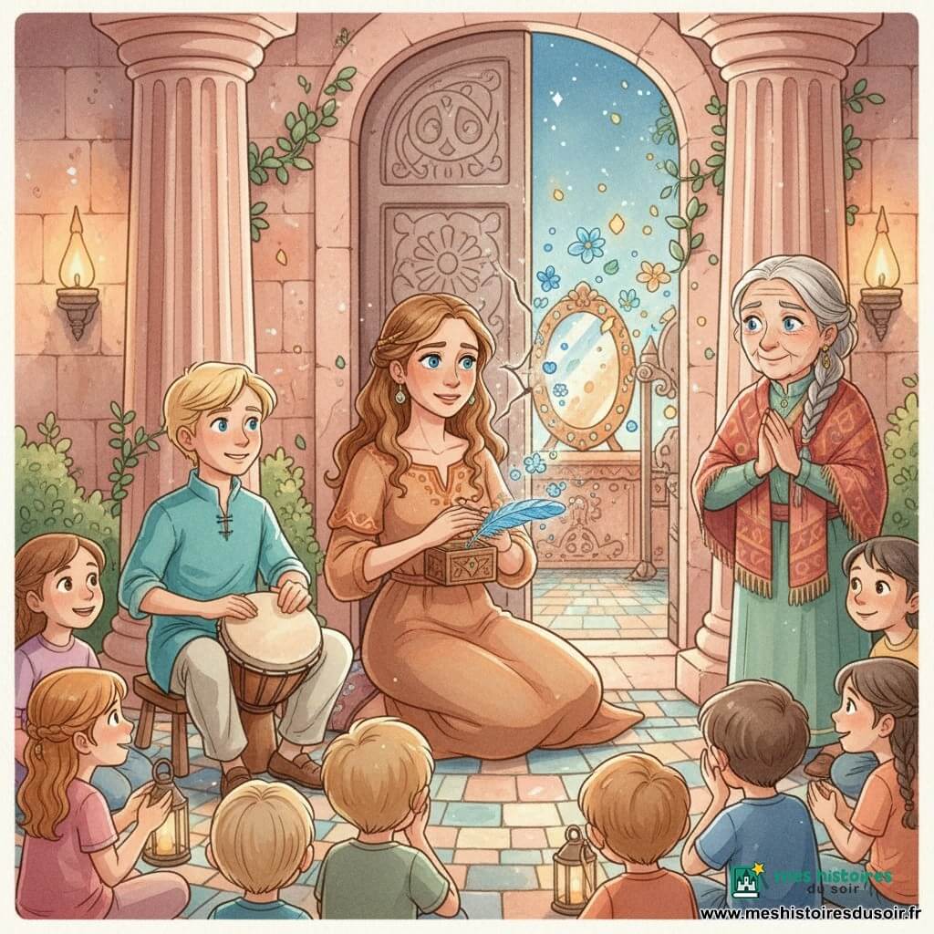 Amina, au centre, douce et concentrée, les yeux brillants d'espoir, porte une robe couleur terre brodée d'ocre et serre contre sa poitrine une petite boîte en bois sculpté d'où frissonne une plume bleue ; à gauche, Kofi, garçon d'environ 11 ans, souriant, assis sur un tabouret avec un tambour en bois sur les genoux, prêt à marquer le rythme, porte une tunique turquoise et un pantalon clair ; à droite, la grand-mère d'Amina, femme âgée aux cheveux gris nattés, mains jointes et regard ému, enveloppée d'un châle à motifs rouges, se tient près d'une colonne ; autour, des enfants de 5 à 9 ans sont assis en demi-cercle sur un sol en mosaïque, yeux écarquillés, tenant parfois de petites lanternes ; le lieu est une cité aux mille colonnes de pierre rosée au crépuscule, avec mosaïques colorées, lierre grimpant et lampes à huile orangées ; devant Amina, une porte massive en pierre se fissure et laisse jaillir des fleurs de lumière bleue et or ; sur un autel derrière la porte, un miroir moucheté émet une lueur chaude et reflète des fragments brillants ; l'ambiance est magique et paisible, tons pastel, textures aquarelle et touches de gel blanc pour faire scintiller les lumières.
