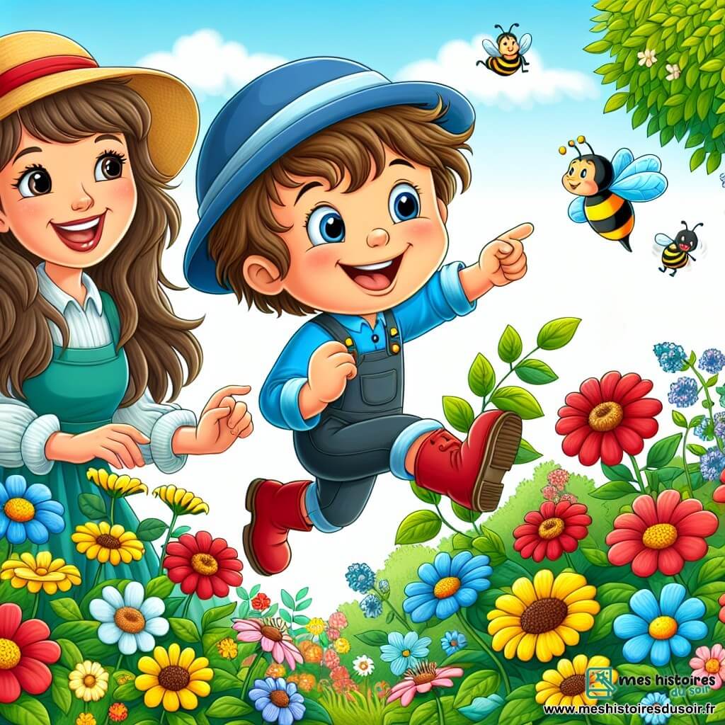 Un petit garçon de 4 ans, Lucas, avec des cheveux bruns en désordre et un grand sourire, porte une casquette bleue et des bottes rouges. Il saute de joie dans un jardin coloré, entouré de fleurs éclatantes. Sa maman, une femme d'une trentaine d'années avec des cheveux longs et bruns, est à côté de lui, souriante et vêtue d'une robe légère. Elle observe Lucas avec tendresse tout en pointant une abeille qui vole autour des fleurs. Le jardin est baigné de lumière, avec des arbres aux feuilles vertes et un ciel bleu parsemé de nuages blancs. Des oiseaux chantent dans les branches, et une coccinelle se pose sur une feuille à proximité. La scène montre Lucas émerveillé par la beauté du printemps et interagissant joyeusement avec la nature.
