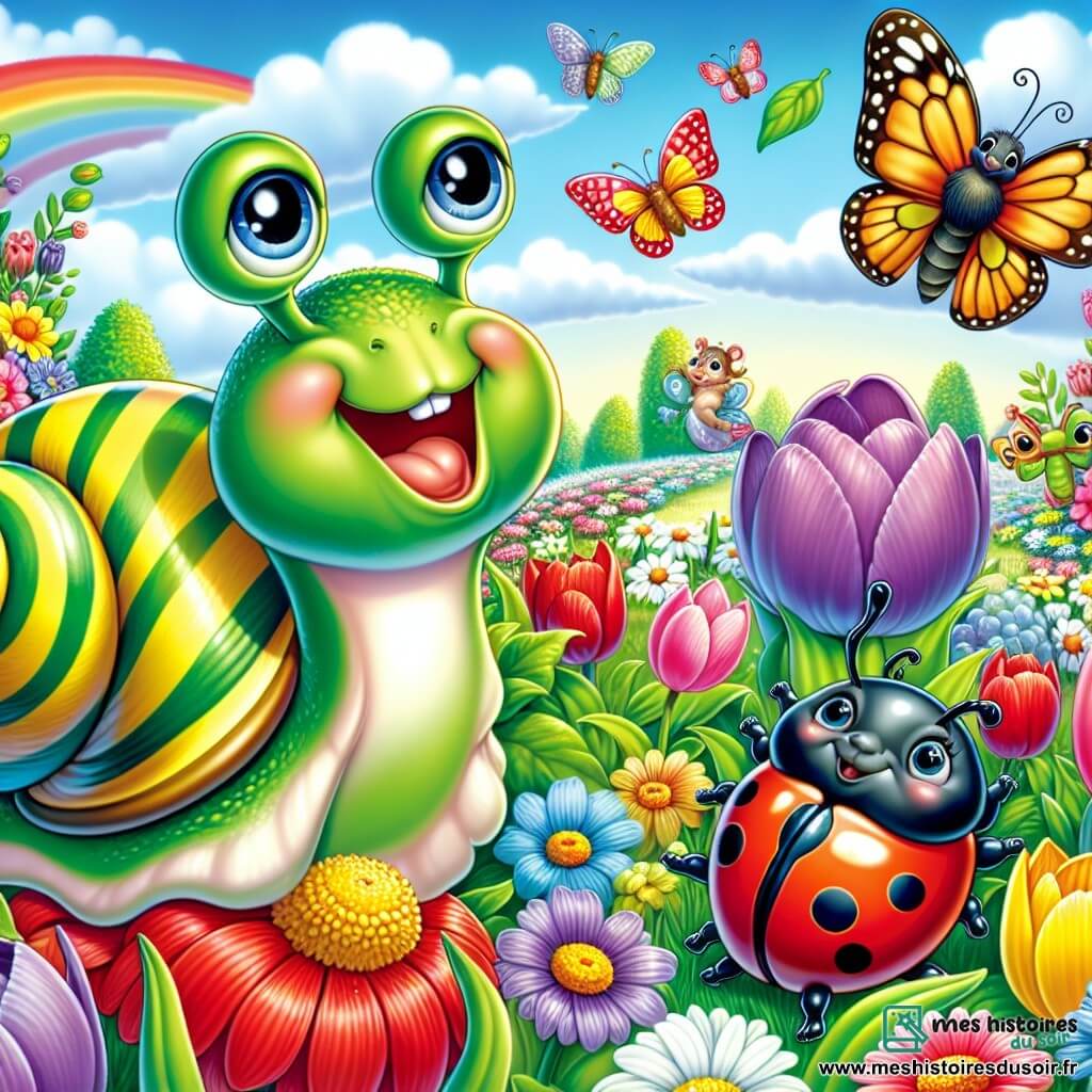 Illustration d'un petit escargot à la coquille rayée de vert et de jaune, exprimant joie et émerveillement. Il glisse lentement sur le sol du jardin, entouré de fleurs colorées, avec un grand sourire. À proximité, une coccinelle rouge à pois noirs vole joyeusement, et un papillon aux ailes multicolores observe la scène avec curiosité. Le jardin communautaire est vibrant de couleurs, rempli de tulipes et de jonquilles, sous un ciel bleu clair. Les rayons du soleil créent une atmosphère chaleureuse. L'escargot et ses amis préparent une fête du printemps, entourés de décorations florales et de petits gâteaux, tandis que des rires et des sourires emplissent l'air. Des guirlandes de fleurs, des pots de terre avec des graines et des enfants jouant ajoutent une touche de magie à cette scène printanière.