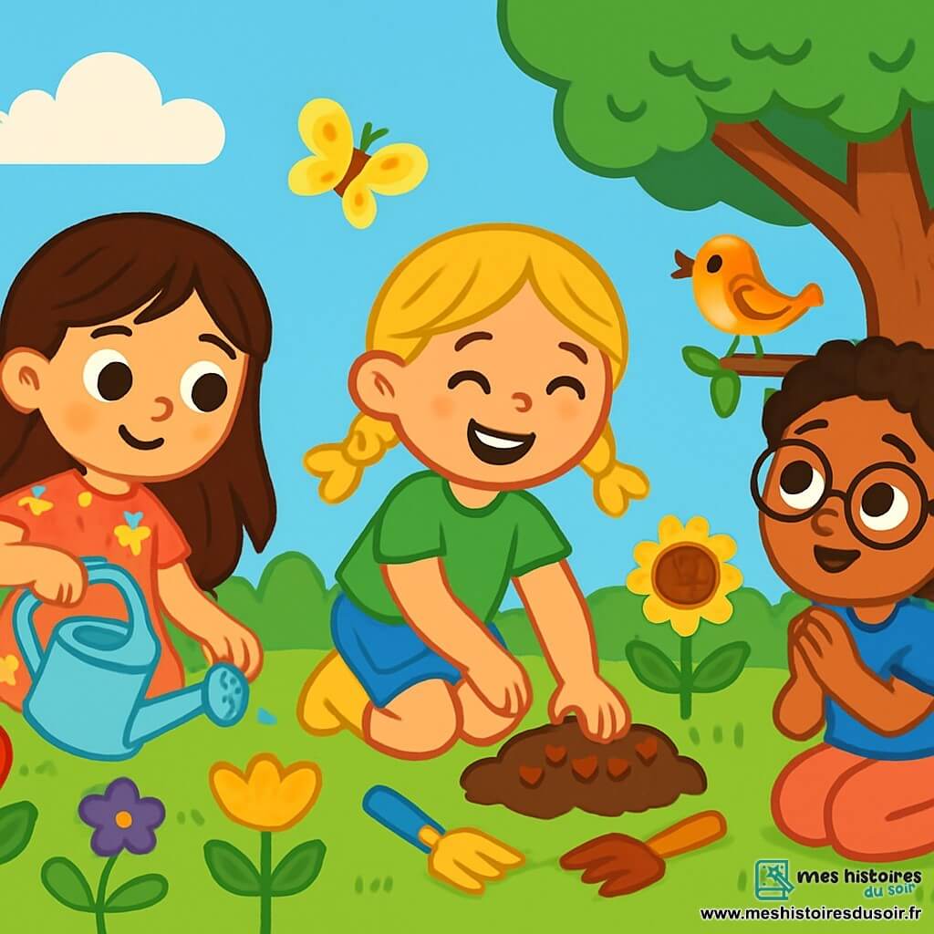Trois personnages sont présents : Lou, une fille de 8 ans avec de longs cheveux bruns, portant une robe à fleurs et un arrosoir ; Mia, une fille de 7 ans avec des cheveux blonds en tresses, vêtue d'un t-shirt vert et d'un short en denim, plantant des graines ; et Zoé, une fille de 8 ans avec des cheveux frisés et des lunettes rondes, en t-shirt bleu et pantalon rose, observant un oiseau. Elles se trouvent dans un jardin coloré avec des fleurs éclatantes et un grand arbre. Les filles travaillent ensemble pour créer un coin spécial pour les insectes et les oiseaux, entourées d'outils de jardinage, souriantes et heureuses de protéger la nature.