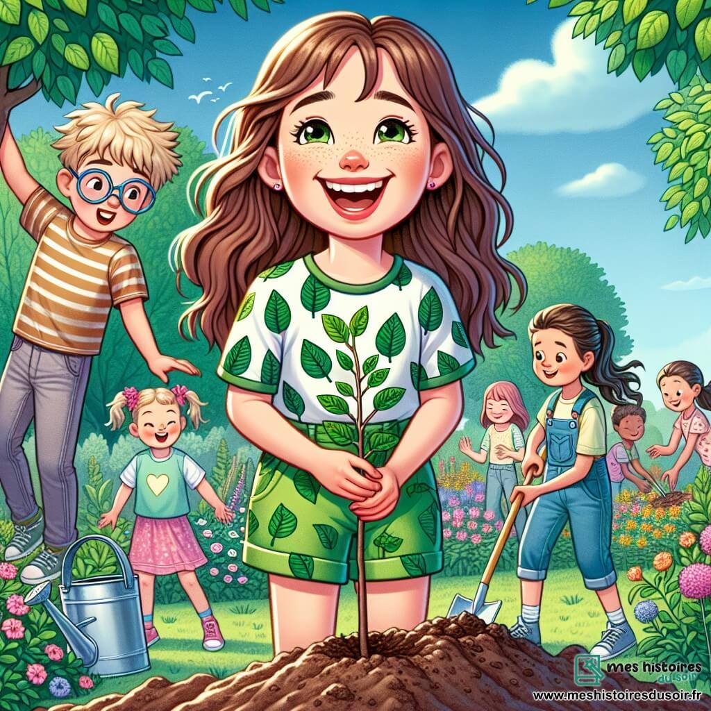 Lily, une fille de 10 ans aux longs cheveux bruns et aux yeux curieux, se tient souriante au centre de l'image, en train de planter un jeune arbre dans le jardin de l'école. Elle porte un t-shirt vert et un short en jean, avec les mains pleines de terre. À côté d'elle, Tom, son ami aux cheveux blonds et lunettes rondes, tient une petite pelle, concentré sur son travail. En arrière-plan, le jardin est rempli de fleurs colorées et de buissons, sous un ciel bleu avec quelques nuages. D'autres enfants plantent des fleurs et arrosent des arbres, créant une atmosphère joyeuse et collaborative. La scène illustre une journée ensoleillée et l'importance de prendre soin de l'environnement.