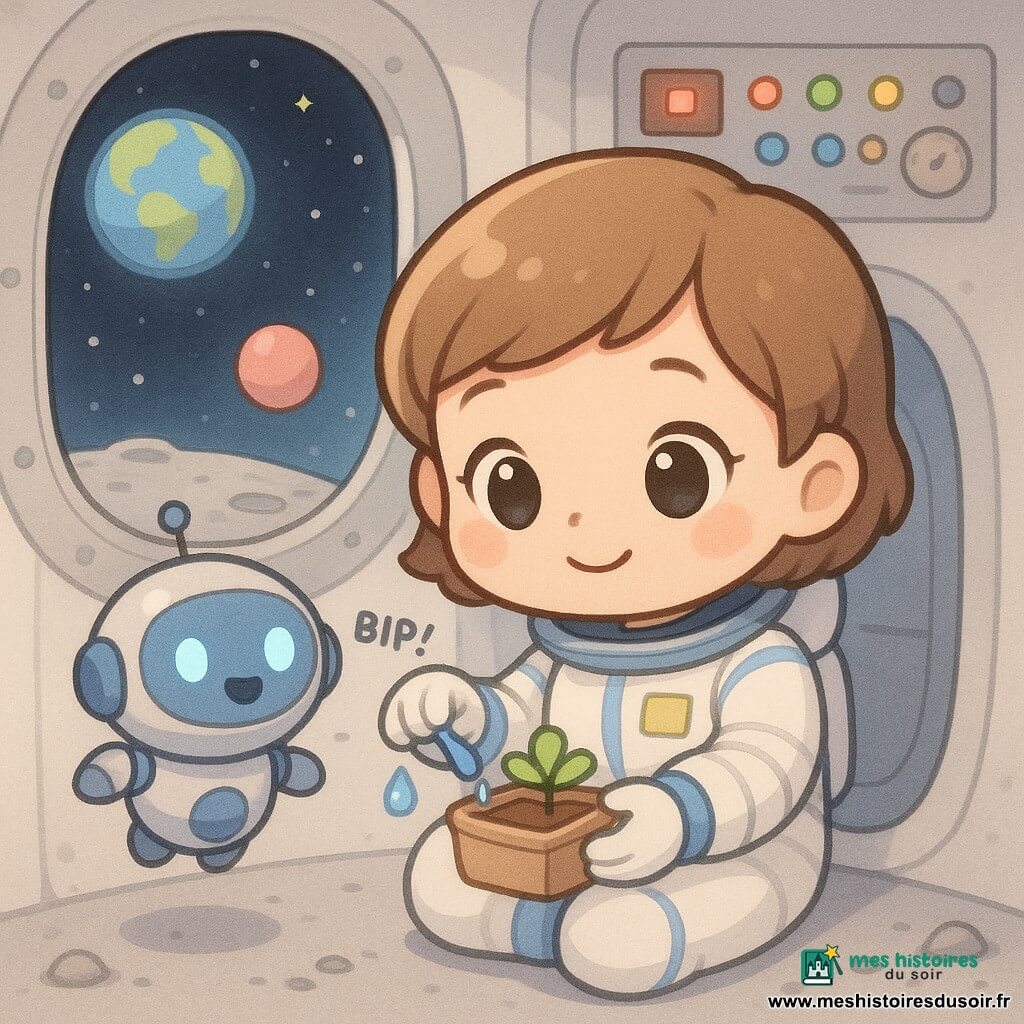 Lina, pilote douce au visage rond et cheveux courts châtain clair, sourit sereinement près du hublot en tenant une petite boîte avec une graine et en versant une goutte d'eau; elle porte une tenue spatiale blanche compacte à bandes bleues et badge jaune. Pipo, petit robot rond argent et bleu aux yeux LED ronds, flotte joyeusement à mi-hauteur. Une balle mousse rose flotte au centre; une lampe de contrôle passe du rouge au vert sur un tableau aux boutons colorés et cadrans simples. La porte de la fusée ouvre sur un sol lunaire gris fin parsemé de petites pierres et d'empreintes délicates; en arrière-plan la Terre ronde, bleue et verte brille dans un ciel étoilé. Scène tendre et calme d'atterrissage sur la Lune, palette douce (blanc, bleu pastel, rose pâle, gris), textures lisses, contours épais, style chibi kawaii, atmosphère sécurisante et joyeuse.