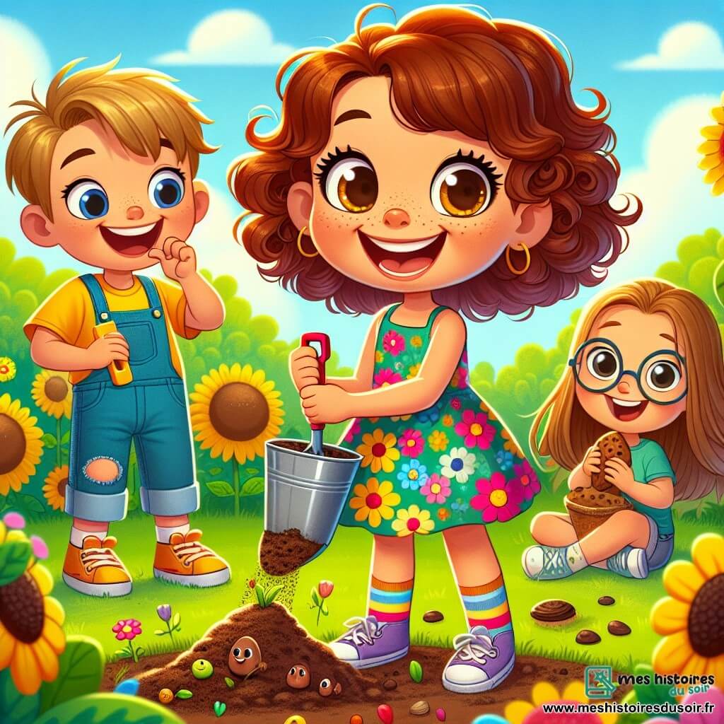 Cécile, 7 ans, est au centre de l'image avec des cheveux châtains et bouclés, portant une robe à fleurs colorées et des chaussettes multicolores. Elle sourit, excitée, tenant une petite pelle en plastique pour planter une graine. À côté, Léa, également 7 ans, avec des cheveux longs et lisses, porte un t-shirt jaune et un short en jean, riant en tenant un seau de terre. En arrière-plan, Tom, le petit frère de Cécile, 5 ans, avec des cheveux blonds en bataille, est assis sur l'herbe, grignotant un morceau de pain au chocolat, admirant les filles. Le jardin de l'école est coloré, avec des fleurs éclatantes, des tournesols et des légumes bien alignés. Le soleil brille, illuminant la scène, tandis que des papillons volent autour. Cécile et ses amis plantent des graines, découvrant ensemble le plaisir de cultiver la terre et d'observer la nature.