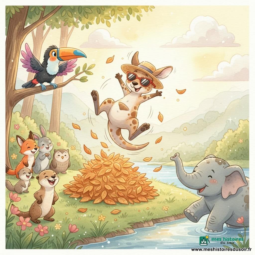 Kiki, petit kangourou tacheté crème et brun, souriant et émerveillé, lunettes de soleil rouges et chapeau de paille, fait un grand saut au-dessus d’une colline herbeuse, pattes repliées et queue tendue ; Titi, toucan au bec orange et bleu, perché à gauche, ailes à demi déployées applaudit, Monsieur Éléphant, grand et gris, trompe levée au bord d’une rivière en bas à droite, encourage, et Lili, petite loutre brune hilare, mains sur les hanches, se tient au pied de la colline parmi des animaux riant doucement dans une forêt lumineuse parsemée de fleurs, feuilles orangées au point d’atterrissage et lumière dorée du coucher de soleil.