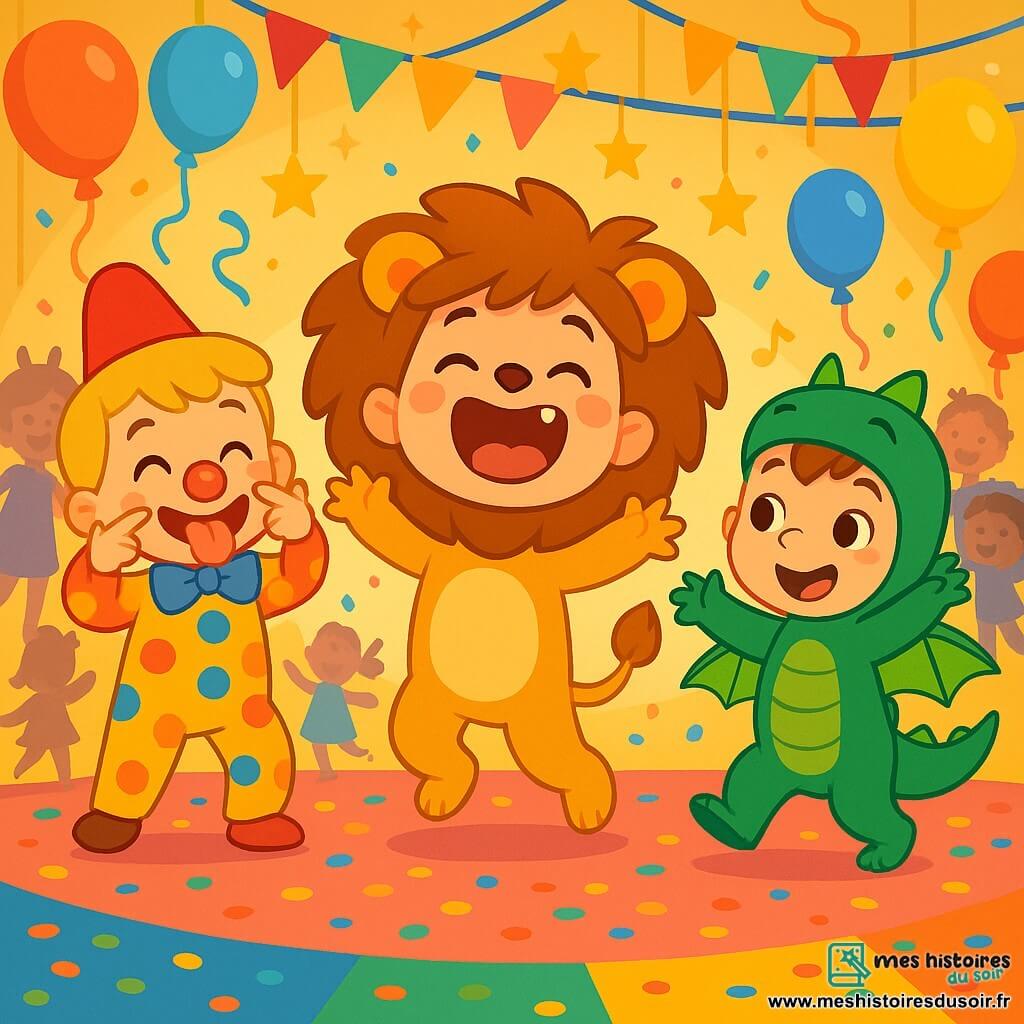 Il y a trois personnages : Max, un garçon de 3 ans avec des cheveux bruns en bataille, portant un costume de lion doré et rugissant joyeusement ; Léo, un garçon de 4 ans avec des cheveux blonds, habillé en clown coloré et faisant une grimace amusante ; et Tom, un garçon de 3 ans avec des cheveux châtains, en costume de dragon vert et battant des bras comme s'il volait. L'action se déroule dans une grande salle de carnaval décorée de ballons, guirlandes et étoiles dorées, avec un sol recouvert de confettis. Les trois amis dansent ensemble sur une scène, créant une ambiance festive.