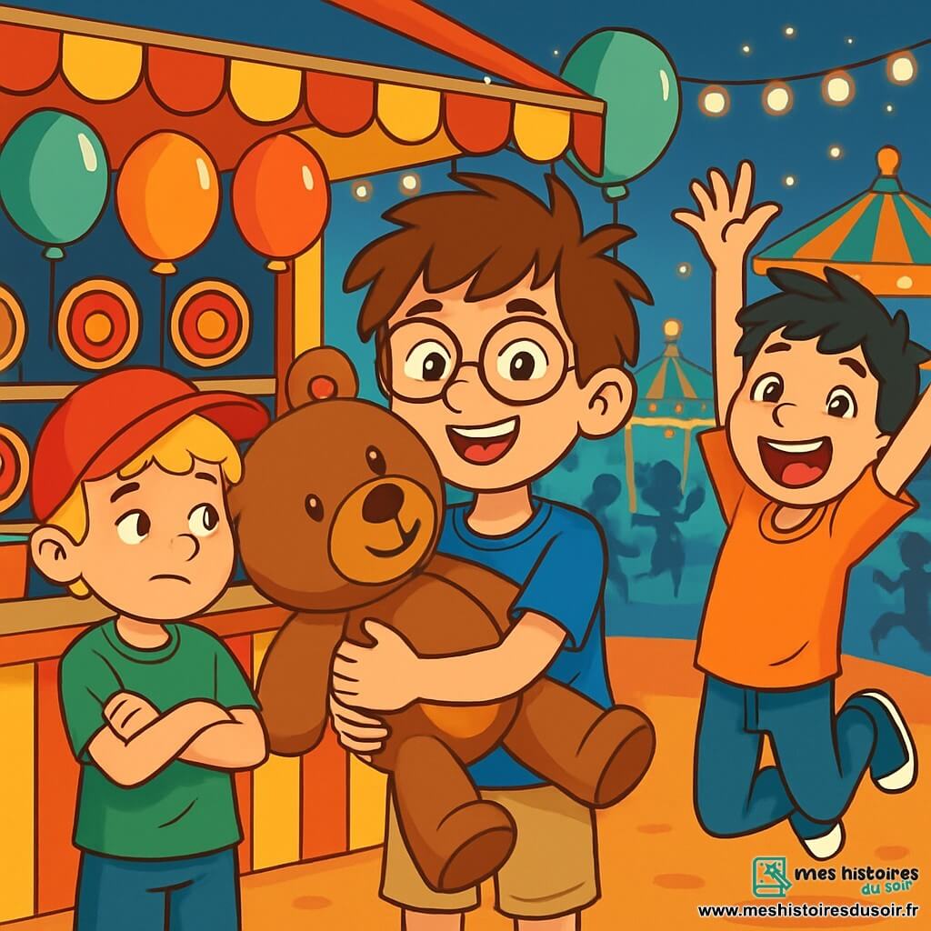 Trois personnages sont présents : Julien, un garçon de 10 ans avec des cheveux bruns en bataille, des lunettes rondes, un t-shirt bleu et un short beige, souriant au centre avec un grand nounours. Maxime, également âgé de 10 ans, a des cheveux blonds bouclés, porte une casquette rouge et un t-shirt vert, se tenant à gauche de Julien avec les bras croisés, admirant le nounours. Lucas, aussi âgé de 10 ans, a des cheveux noirs et porte un t-shirt orange et un jean, se trouvant à droite de Julien, sautant de joie avec les bras levés. L'action se déroule à un stand de tir coloré dans une fête foraine animée, entourée de manèges, de lumières scintillantes et de rires d'enfants. Julien est fier avec son nounours, tandis que Maxime montre une légère déception et Lucas exprime une joie contagieuse, créant une ambiance d'amitié.