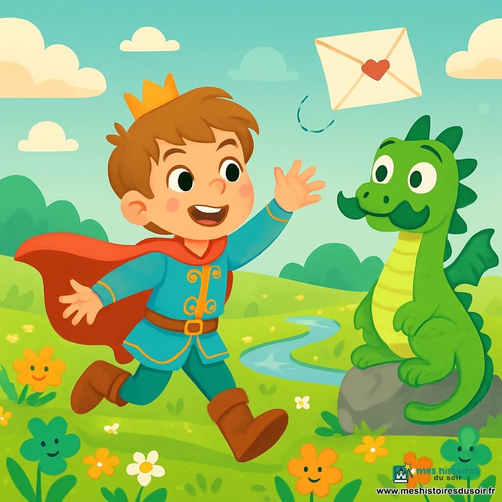 Un prince nommé Léo, âgé d’environ 10 ans, sourit joyeusement au centre de l'image, portant une tunique bleu ciel et une cape flottante. Il court après une lettre qui s'envole. À sa droite, un dragon nommé Moustache, avec une moustache bouclée et des écailles vertes, le regarde avec surprise depuis une pierre. En arrière-plan, une prairie en fleurs et une rivière scintillante créent une ambiance magique, tandis que des nuages en forme de crêpes flottent dans le ciel. Léo est entouré de ses amis, prêts pour une aventure pleine de rires.