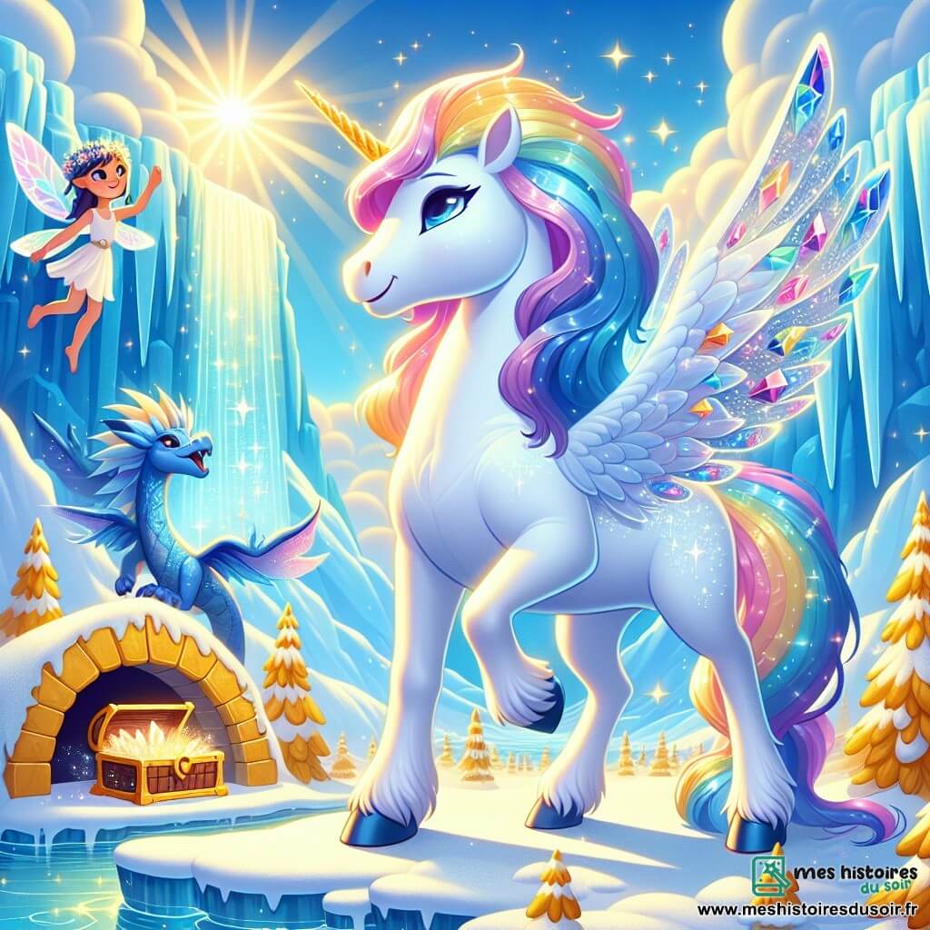 Au sommet de la montagne Glaciara, une licorne nommée Lumina, d'un blanc éclatant et à la crinière arc-en-ciel, se tient fièrement devant un coffre ancien scintillant. À ses côtés, une petite fée nommée Paillette, avec des ailes translucides et une robe de pétales, l'encourage dans leur quête. Un dragon bleu, Zéphyr, les observe en soufflant doucement, créant un vent léger. Le décor enchanteur est composé d'arbres géants aux feuilles dorées et d'un ciel bleu éclatant. Ensemble, Lumina, Paillette et Zéphyr sont prêts à découvrir le trésor qui pourrait sauver leur vallée d'un hiver éternel, dans une atmosphère d'excitation et de magie.