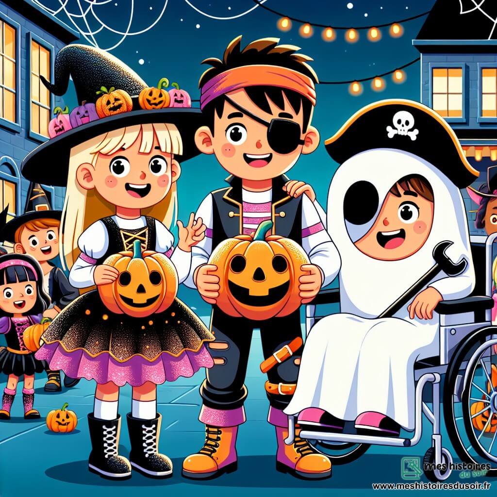 Trois amis, Léa, 8 ans, déguisée en sorcière, souriante avec une citrouille, Tom, 9 ans, en pirate faisant un geste bravache, et Mia, 7 ans, dans un fauteuil roulant, en fantôme, rient ensemble. Ils se trouvent dans une rue animée d'Halloween, décorée de lanternes et de citrouilles, avec des enfants en costumes colorés autour d'eux. Ils sont devant une maison mystérieuse avec une grande porte noire, prêts à sonner pour récolter des bonbons, excités et un peu nerveux pour leur aventure.