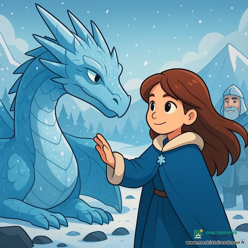 Ania, une jeune femme déterminée et douce, pose sa main sur une écaille du Dragon de Givre. Elle a de longs cheveux bruns, des yeux courageux et porte un manteau orné d'une étoile de neige. À ses côtés, le Dragon de Givre, majestueux, repose dans un cercle de pierres noires, ses écailles argentées et bleues scintillant sous une lumière douce. Le Cavalier de Glace, en armure claire et cape brillante, observe avec bienveillance. Ils sont dans une vallée enneigée entourée de montagnes, où la neige tombe doucement et le sol est parsemé de pierres noires et de stalactites luisantes. La scène capture le moment où Ania et le dragon échangent une promesse de paix, éclairant le paysage hivernal.