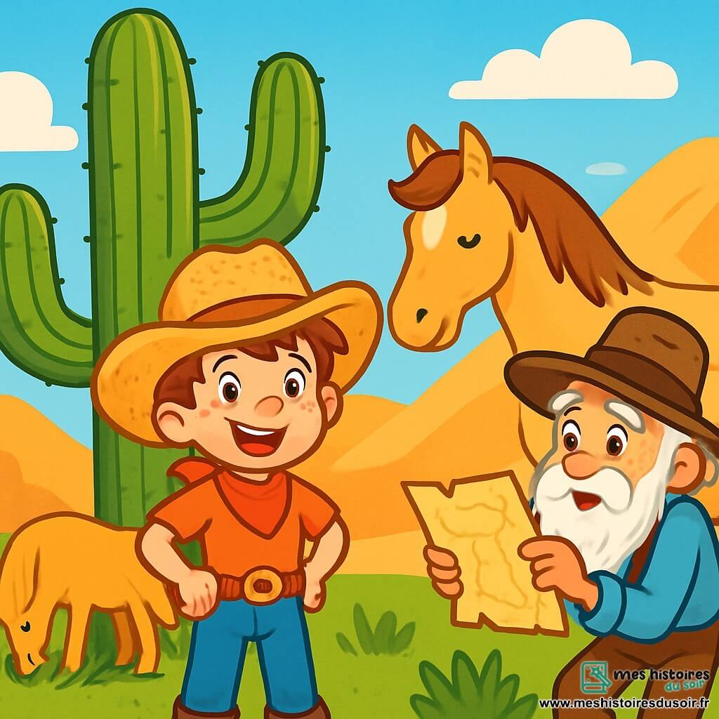 Un jeune cow-boy nommé Jack, âgé d'environ 10 ans, porte un grand chapeau de paille et affiche un sourire éclatant. Il se tient devant un cactus imposant, les mains sur les hanches, prêt à relever un défi. À ses côtés, son cheval Biscuit, un mustang doré, broute paisiblement. Un vieil homme, le prospecteur de 70 ans, se tient en retrait avec une carte jaunie dans les mains, l'air essoufflé mais enthousiaste. Le décor est une colline aride avec des collines en arrière-plan, un ciel bleu et quelques nuages. Jack, déterminé, fait face au cactus qui bloque le chemin vers le Canyon Lumineux, prêt à contourner l'obstacle pour découvrir un trésor magique.