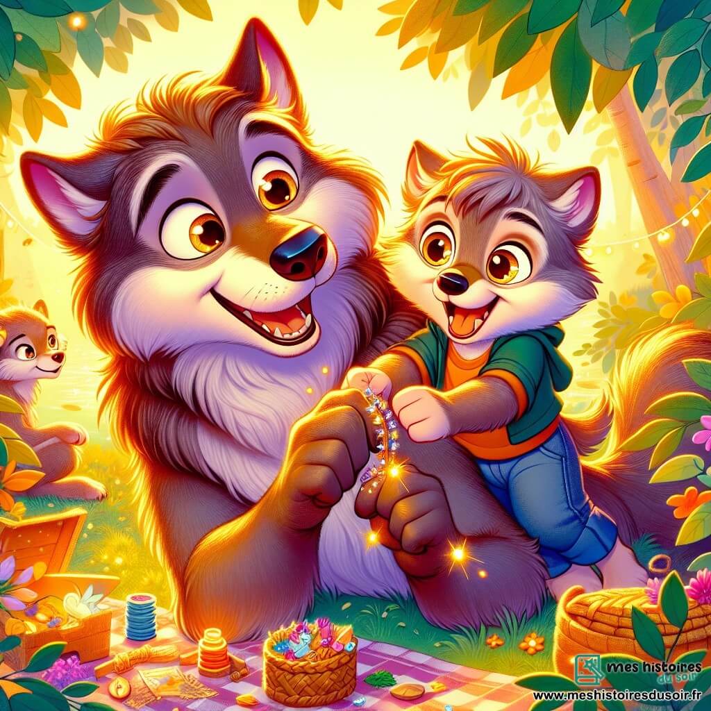 Petit Loup, un jeune loup aux poils gris et doux avec de grands yeux pétillants, serre son papa, Grand Loup, dans ses petites pattes, affichant un sourire éclatant. Grand Loup, majestueux avec une fourrure brune et des yeux chaleureux, admire le bracelet fait main que lui offre Petit Loup. La scène se déroule dans un parc verdoyant, baigné par la lumière dorée du soleil couchant, entouré d'arbres et de fleurs, avec une rivière scintillante en arrière-plan. Petit Loup et Grand Loup célèbrent la fête des pères avec un pique-nique joyeux, des guirlandes de feuilles et des jeux, créant une atmosphère festive et chaleureuse.