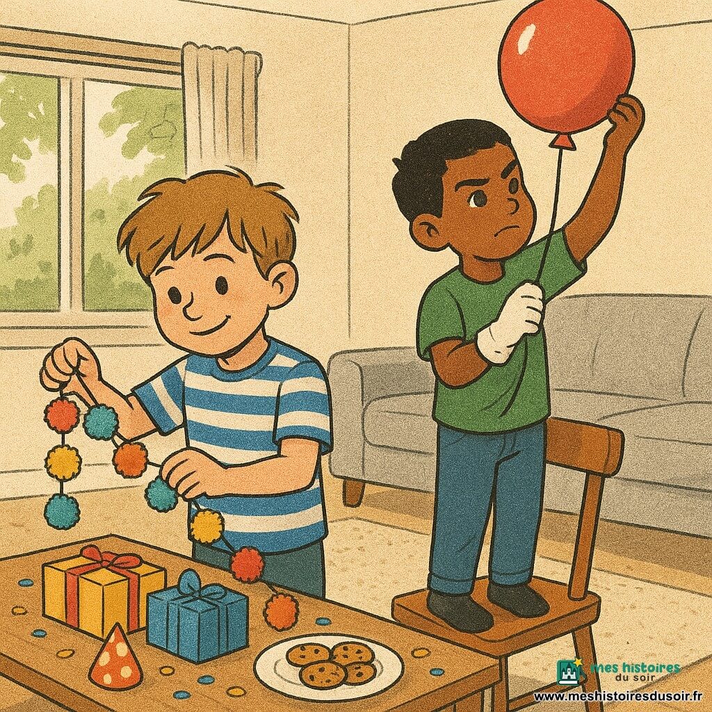 Deux garçons de 6 ans préparent une fête surprise dans un salon lumineux : Noé, châtain clair, t-shirt rayé bleu et blanc, à gauche près de la table basse, souriant et tenant une guirlande de pompons ; Sami, peau légèrement hâlée, cheveux noirs courts, t-shirt vert, debout sur une chaise à droite, une chaussette sur la main pour accrocher un ballon rouge au plafond, concentré et malicieux. Le salon a un tapis beige, un canapé gris clair, une table basse en bois clair couverte de décorations et de confettis jaunes et bleus, une fenêtre ouverte laissant entrer une lumière douce. L'ambiance est joyeuse et organisée, gestes précis et complices tandis qu'ils décorent et disposent quelques biscuits.