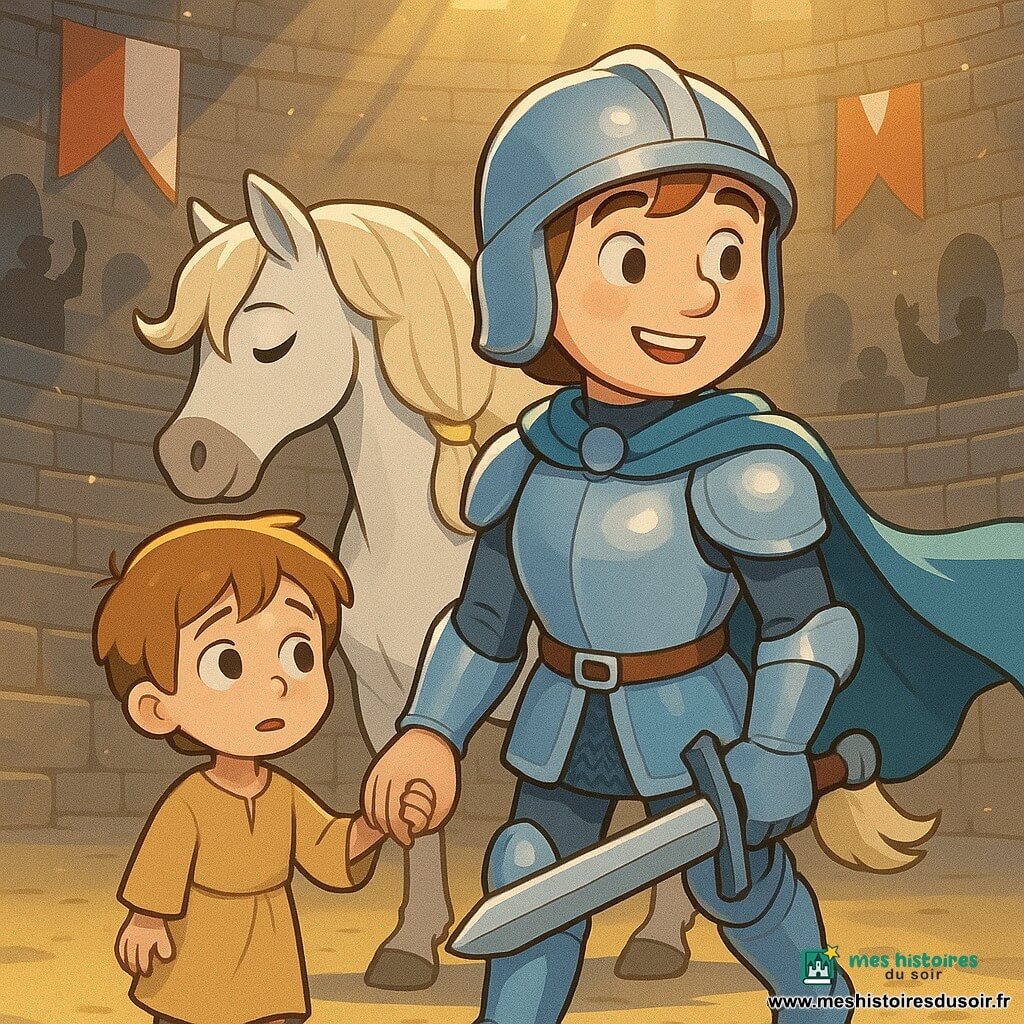 Au centre, le chevalier Éloi, souriant, en armure argentée aux reflets bleutés et cape bleu clair, tient la main d'un garçon perdu d'environ six ans, soulagé dans sa tenue simple beige, et l'aide à traverser l'arène ; derrière eux la jument Lys, blanche à la crinière ondulée et au ruban doré, reste calme et protectrice. L'arène circulaire en pierres grises usées, avec marches, un grand trône doré, banderoles rouges et blanches et poussière dorée scintillant dans les rayons de soleil, sert de cadre tandis que des silhouettes de chevaliers applaudissent sous une lueur dorée qui éclaire visages et armures.