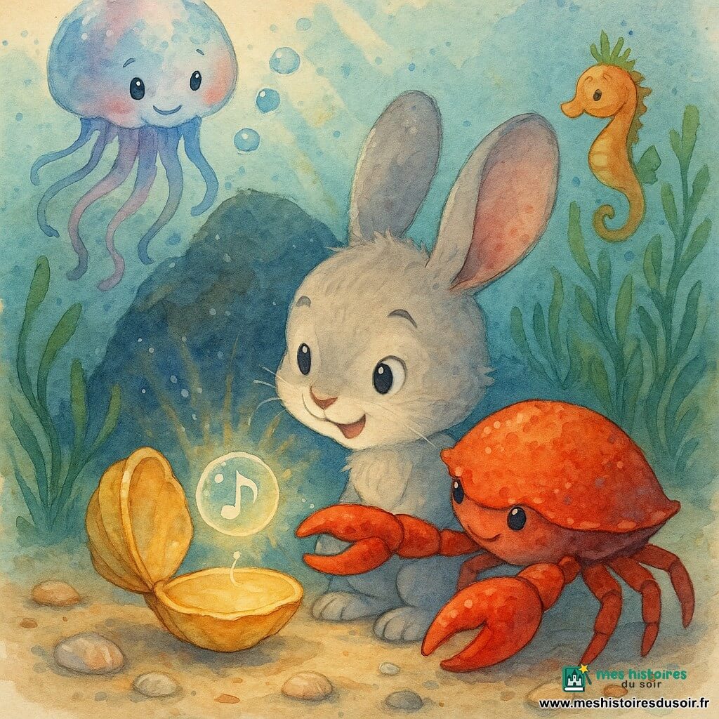 Un petit lapin anthropomorphe gris clair nommé Lino, aux grandes oreilles et regard déterminé et joyeux, tient délicatement un coquillage doré en train de s’ouvrir d’où s’échappe une bulle d’eau lumineuse en forme de note musicale projetant des ondes de lumière douce ; à droite, un gros crabe rouge aide en tapotant le coquillage, au-dessus à gauche flotte une méduse translucide lumineuse aux tentacules ondulés émettant de petites bulles, et en arrière-plan, un hippocampe orange coiffé d’une minuscule couronne d’algues observe depuis des herbes marines ; décor : fond marin peu profond devant un grand rocher noir, sable beige, herbes d’émeraude ondulant et rayons dorés filtrant à travers l’eau — ambiance magique, chaleureuse et curieuse.