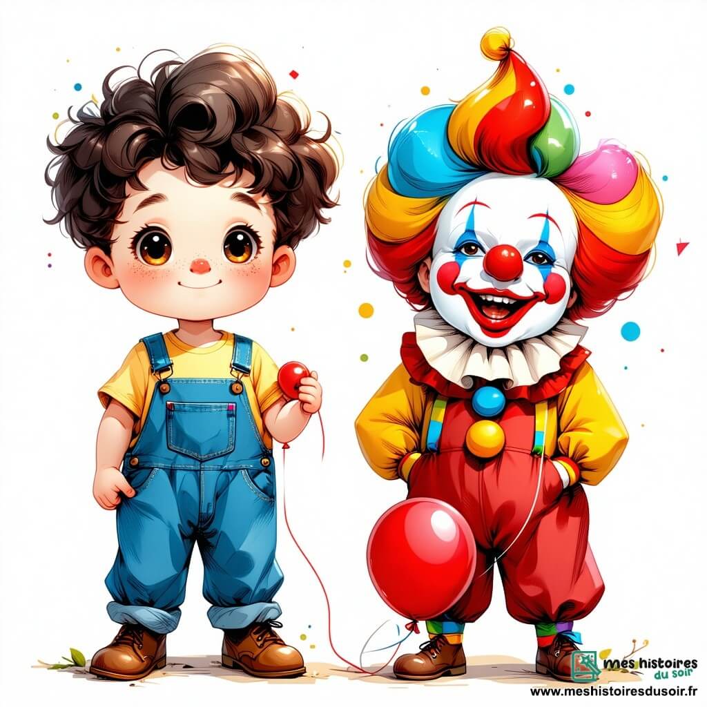 Léo, un petit garçon d'un an aux grands yeux pétillants et cheveux bouclés, sourit au centre de la scène, portant une salopette bleue et un t-shirt jaune, tenant un ballon rouge. À ses côtés, un clown joyeux d'environ 30 ans, avec un nez rouge et une perruque multicolore, jongle avec des balles colorées tout en riant et en faisant un clin d'œil à Léo. Un peu plus loin, Mia, une petite fille de 3 ans déguisée en papillon avec des ailes scintillantes, danse joyeusement. La scène se déroule sur une place animée, décorée de guirlandes et de ballons, avec des stands de friandises et des jeux en arrière-plan. Léo, le clown et Mia découvrent une boîte brillante pleine de confettis et de bonbons, dans une ambiance festive.