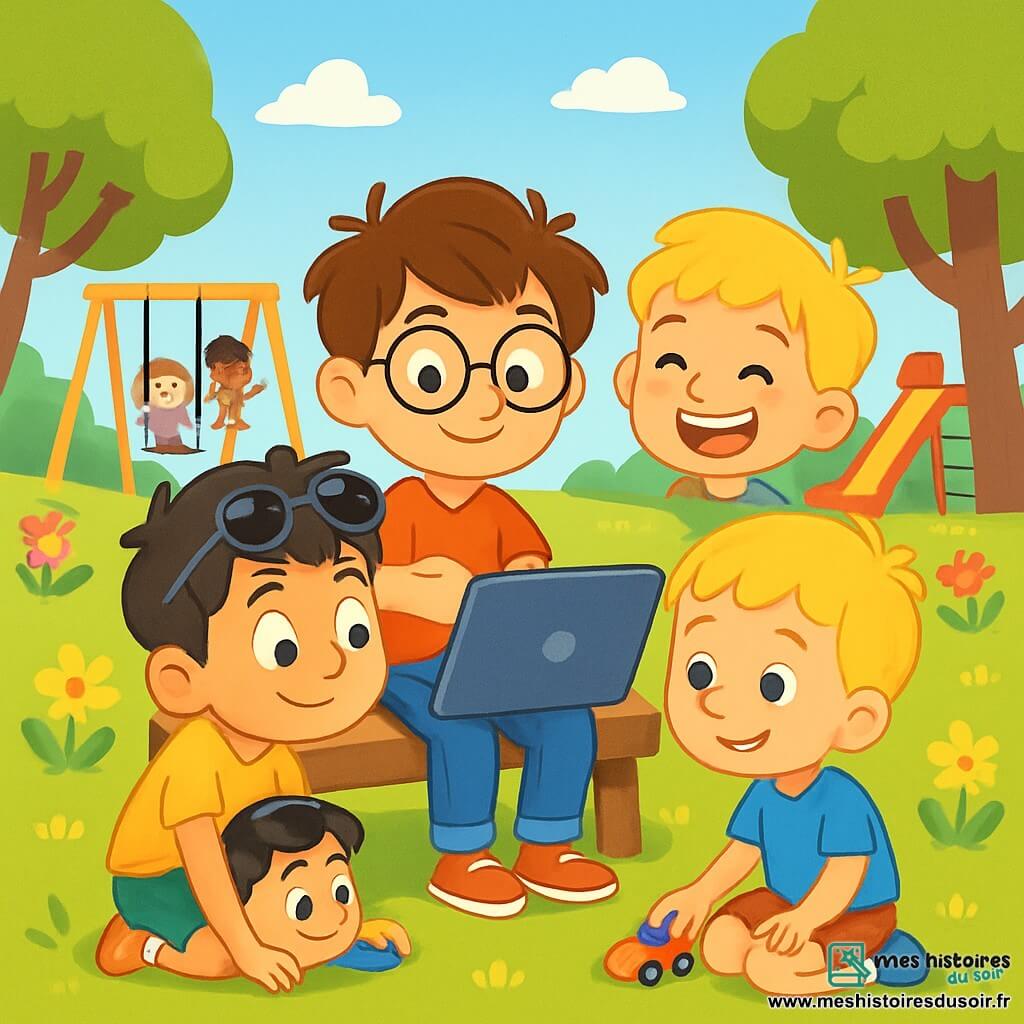 Quatre enfants sont présents : Léo, 8 ans, avec des cheveux bruns en bataille et des lunettes rondes, assis sur un banc avec un ordinateur portable sur les genoux ; Tom, 7 ans, blond en t-shirt rouge, debout à côté de Léo avec un grand sourire ; Max, 8 ans, cheveux noirs et lunettes de soleil sur le front, accroupi devant Léo, curieux de l'écran ; et Sam, 7 ans, châtain en t-shirt bleu, assis par terre avec un jouet, écoutant Léo. La scène se déroule dans un parc ensoleillé avec des fleurs colorées, des arbres, des balançoires et un toboggan, tandis que d'autres enfants jouent. Léo utilise son ordinateur pour aider ses amis à communiquer et à s'amuser, illustrant la joie de l'amitié et de la diversité.