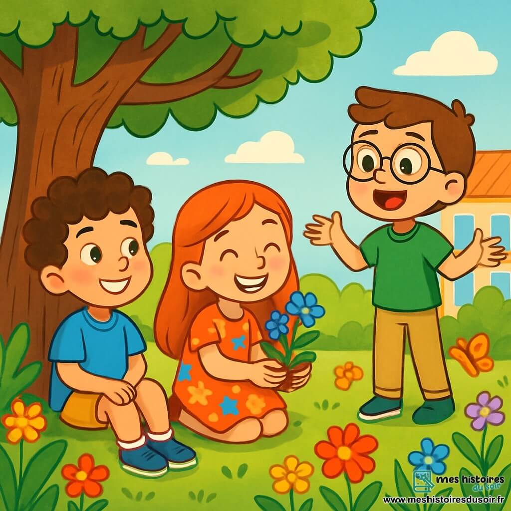 Il y a trois personnages : Lucas, un garçon de 8 ans aux cheveux bouclés et aux yeux pétillants, assis sous un grand arbre, souriant à ses amis ; Emma, une fille de 8 ans aux longs cheveux roux, accroupie à côté de Lucas avec une plante aux fleurs bleues ; et Tom, un garçon de 8 ans avec des lunettes rondes, debout en arrière, racontant une histoire avec enthousiasme. L'action se déroule dans un jardin d'école ensoleillé, rempli de fleurs et de plantes, avec un grand arbre offrant de l'ombre. Les enfants discutent joyeusement de leur aventure à la recherche d'un remède, Lucas, bien que fatigué, est heureux, entouré de ses amis qui l'encouragent.