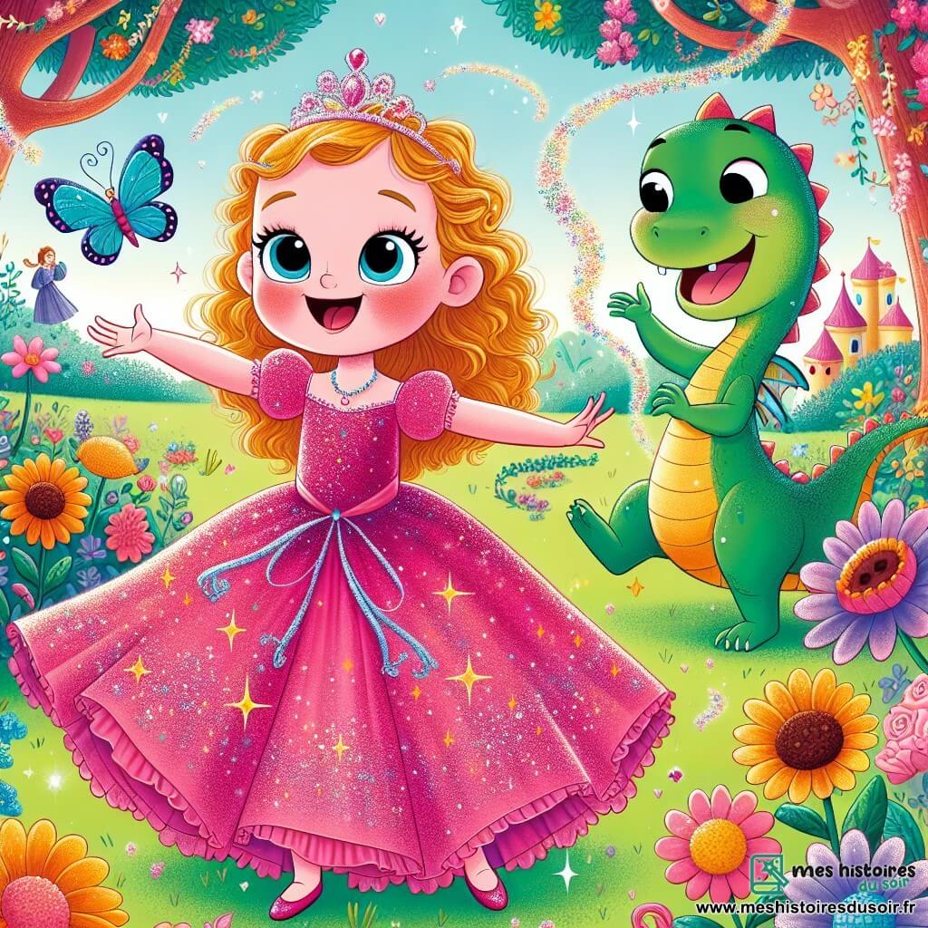 Lila, une princesse joyeuse de 8 ans, porte une robe rose éclatante avec des paillettes. Elle danse dans un jardin magique, entourée d'un papillon bleu nommé Perle et d'un dragon comique, Max, qui fait des mouvements amusants. Le jardin est rempli de fleurs colorées, d'arbres aux feuilles dorées et d'une fontaine éclaboussante. Lila, Perle et Max dansent ensemble, créant une atmosphère joyeuse et magique.