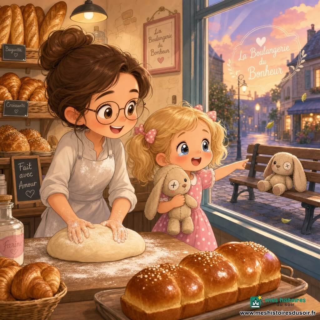 Une boulangère souriante aux cheveux châtain en chignon et tablier poudreux pétrit une boule de pâte sur un plan de bois pendant qu'une fillette de six ans, Lili, en robe rose à pois et couettes, pointe joyeuse vers la fenêtre en serrant son doudou lapin crème posé sur un banc extérieur; intérieur chaleureux de boulangerie aux murs crème, étagères en bois garnies de baguettes et viennoiseries, comptoir légèrement enfariné, lumière douce au crépuscule, ambiance pastel et formes rondes.
