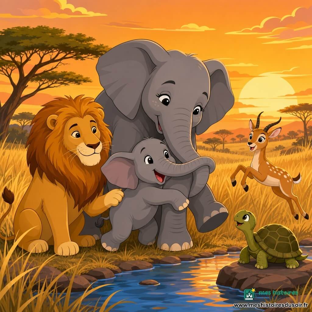 Léon, lion mâle au sourire doux et à la crinière dorée, veille protecteur près d’Émile, petit éléphant gris enjoué enlacé par sa mère Émilie, tandis que Léa la gazelle bondit à droite et Gracie la tortue observe depuis une pierre : réunion émouvante et apaisée au bord d’un ruisseau au coucher du soleil, savane dorée, composition centrée sur l’étreinte éléphantesque, les autres animaux formant un demi-cercle protecteur, palette chaude, contours nets et formes simples.