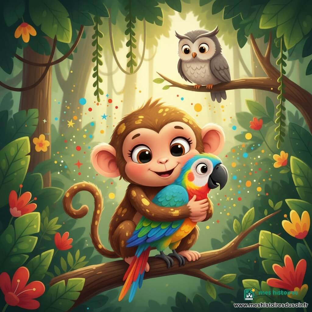 Lili, une petite singe brune aux yeux brillants, rit en se balançant sur une branche et serre Pablo, un perroquet dont le plumage terne retrouve ses couleurs sous une gerbe d'étincelles colorées, tandis qu'un vieux hibou gris observe depuis une branche haute dans une forêt luxuriante baignée de rayons dorés; ambiance chaleureuse, formes rondes et couleurs douces et saturées.