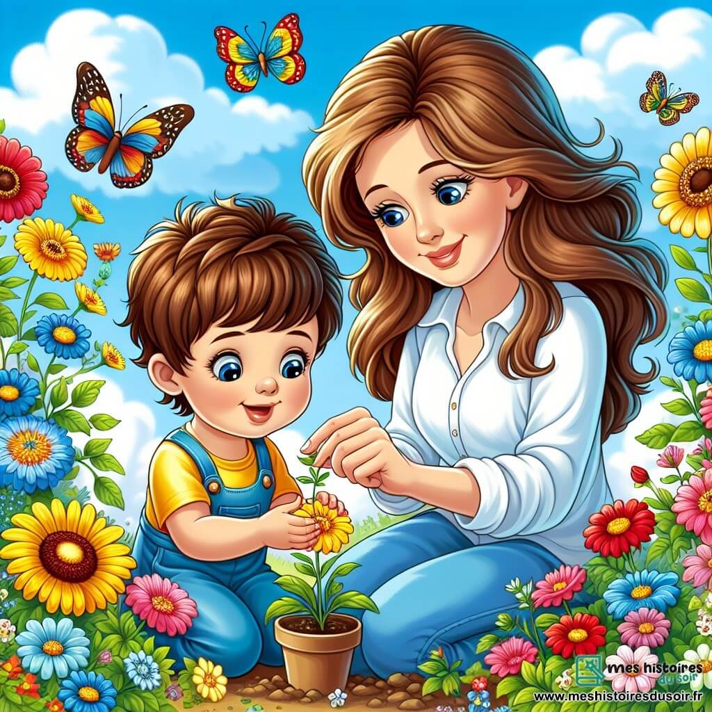 Un petit garçon de 2 ans, Lucas, aux cheveux châtains et aux yeux pétillants, est assis dans un jardin coloré, souriant en touchant une fleur vibrante. Sa maman, une femme d'une trentaine d'années avec de longs cheveux bruns, plante des graines dans le sol tout en regardant Lucas avec tendresse. Le jardin est rempli de fleurs éclatantes sous un ciel bleu clair, avec des papillons colorés volant autour d'eux. Ils célèbrent la beauté du printemps avec joie.