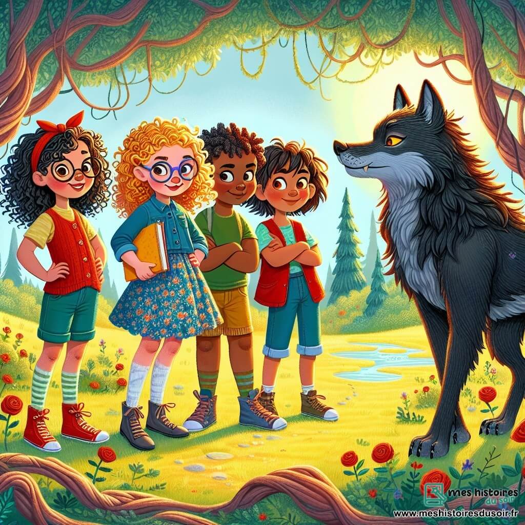 Dans une clairière ensoleillée de la forêt enchantée, quatre filles se tiennent courageusement devant un grand méchant loup. Clara, 10 ans, avec des cheveux dorés et bouclés, porte une robe bleue à fleurs et tient un carnet de croquis, prête à dessiner. Lila, 9 ans, avec des lunettes rondes et des cheveux bruns en queue de cheval, est à côté d'elle, les bras croisés. Emma, 10 ans, avec des cheveux châtains en tresses, est un peu en retrait, mais son regard est courageux. Sofia, 9 ans, aux cheveux noirs frisés, fait un pas en avant, les mains sur les hanches. Le loup, majestueux avec un pelage sombre et des yeux brillants, se tient sur ses pattes arrière, souriant. La clairière, entourée d'arbres noueux, est illuminée par des rayons de soleil, créant une ambiance magique. Les filles, avec courage et curiosité, s'apprêtent à écouter l'histoire du loup, transformant une rencontre redoutée en une opportunité de compréhension et d'amitié.