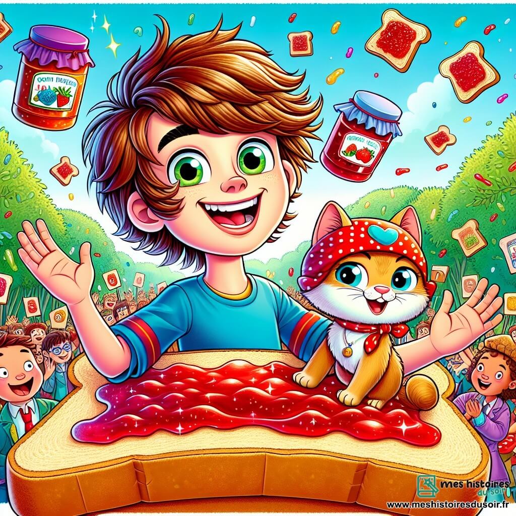 Un garçon de 12 ans, Brice, avec des cheveux châtains en bataille et des lunettes rondes, sourit émerveillé, les yeux brillants d'excitation, assis sur une tartine géante entourée de confiture rouge pétillante, les bras ouverts. À ses côtés, un chat nommé Dédé, âgé de 5 ans, porte une casquette à pois et observe la scène avec malice, assis sur un coin de la tartine. En arrière-plan, une forêt de pots de confiture colorés et des tartines dansent autour d'eux, créant une ambiance festive. Brice et Dédé sont prêts à participer à un concours de tartinage, entourés de tartines animées applaudissant dans une atmosphère joyeuse et absurde.