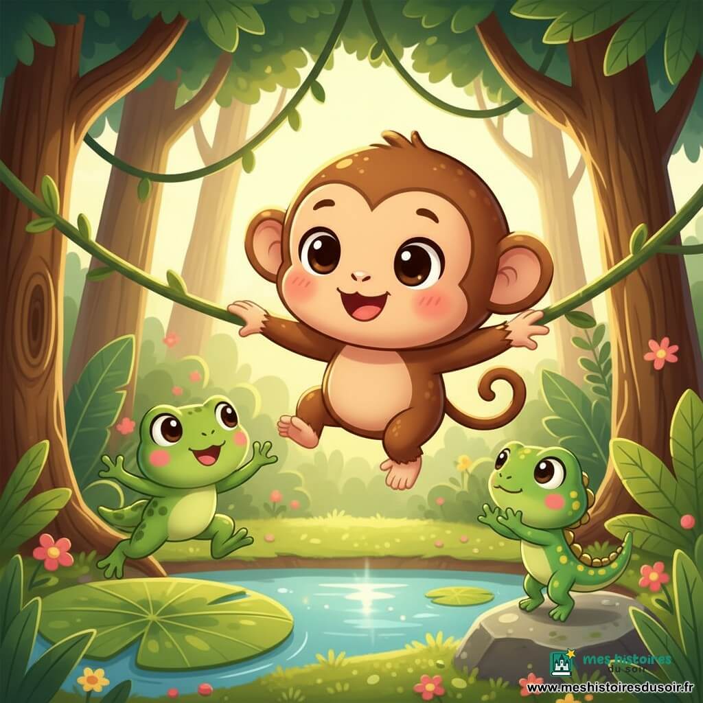 Momo, petit singe chibi au visage rond et fourrure brune brillante, est coincé dans une liane, les bras tendus et l'air à la fois joyeux et surpris ; Gigi la grenouille verte aux joues roses saute d'un nénuphar à gauche pour l'aider tandis que Léon le lézard vert à taches jaunes applaudit depuis une pierre à droite près de l'arbre de la ligne d'arrivée. La scène se déroule dans une jungle lumineuse et colorée (troncs épais, grandes feuilles, lianes, petites fleurs, étang brillant et sol mousseux), composition centrée, mouvement clair, couleurs saturées, contours nets et formes rondes, ambiance chaleureuse et rigolote adaptée aux tout-petits.