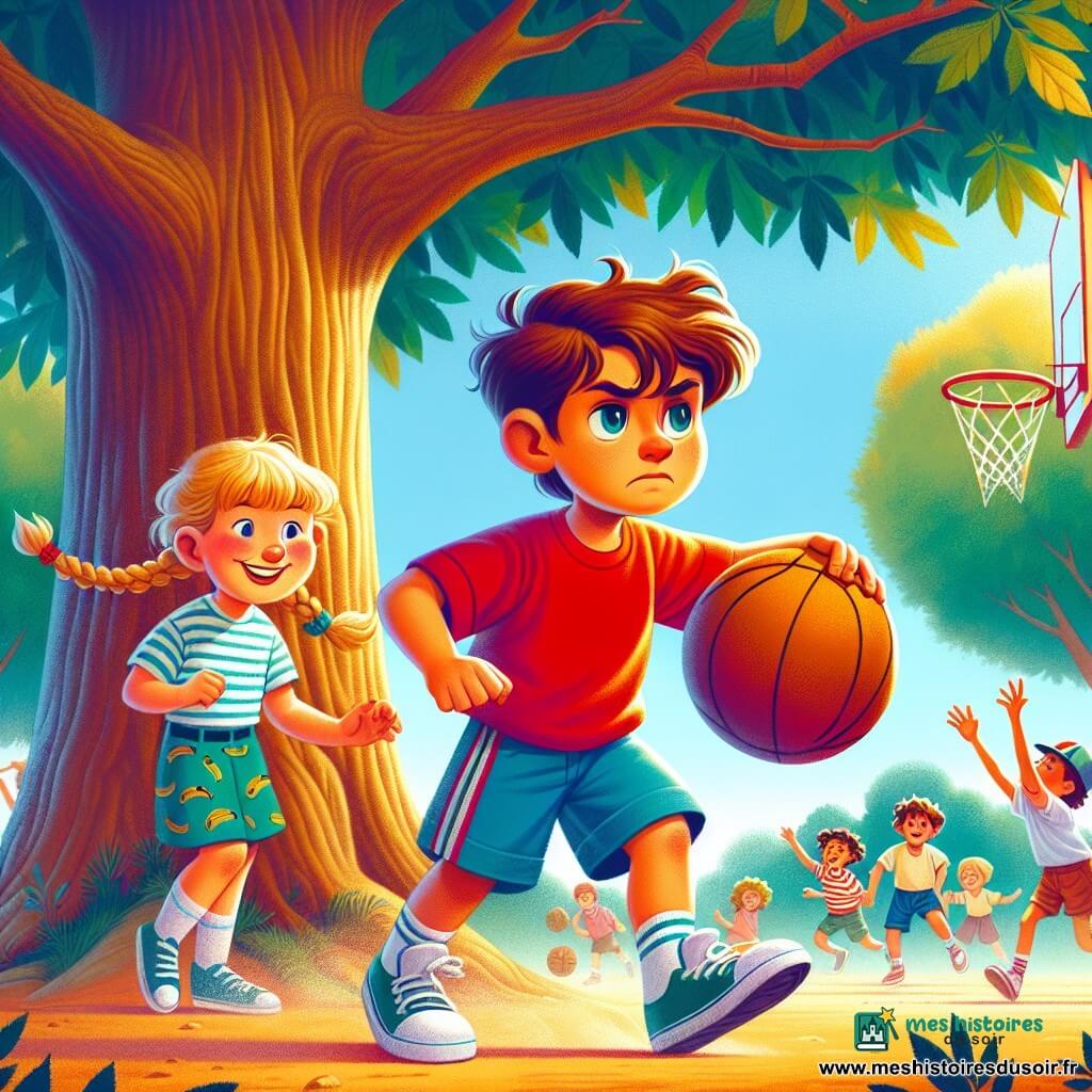 Théo, un garçon de 8 ans aux cheveux bruns en bataille, a un regard déterminé et un peu triste. Il porte un t-shirt rouge vif et un short bleu, tenant un ballon de basket sous son bras. À côté de lui, Zoé, une fille de 7 ans avec des cheveux blonds tressés et un short à motifs de bananes, sourit, prête à le soutenir. Le décor est un parc ensoleillé avec un marronnier en arrière-plan et des enfants jouant au basket. Théo est concentré, prêt à tirer, tandis que la balle s'élève, capturant un moment de tension et d'espoir, tandis que les autres enfants s'amusent, créant une atmosphère joyeuse.