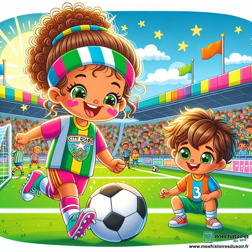 Céline, une fille de 10 ans, est au centre de l'image, avec des cheveux bouclés, un bandeau coloré et un grand sourire. Elle porte un maillot de football aux couleurs vives de son équipe, les Étoiles de la Ville, et dribble un ballon avec aisance. À côté d'elle, Hugo, un garçon de 8 ans aux cheveux bruns en bataille et un maillot un peu grand, l'observe avec admiration, prêt à essayer de dribbler. Le décor est un stade ensoleillé, rempli de supporters brandissant des drapeaux. Céline montre à Hugo comment dribbler, créant une atmosphère joyeuse d'amitié et de passion pour le football.