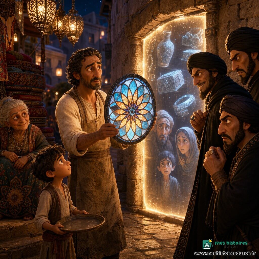 Nadir, homme d'âge moyen au visage buriné, porte une tunique en lin beige et un tablier taché ; il tient un grand miroir en rosace de verre coloré diffusant une lumière bleu-ambre, son expression déterminée et bienveillante. À sa droite, un garçon d'environ dix ans, joues poussiéreuses et yeux vifs, tient un plateau vide à la porte d'une échoppe, inquiet et plein d'espoir. À gauche, une conteuse âgée aux cheveux gris en chignon, vêtue d'une robe brodée et assise sur un petit marchepied avec un coussin coloré, sourit malicieusement. En face de Nadir, trois hommes en turbans noirs forment un groupe menaçant — l'un avec une grosse bague et une cape sombre, un autre au sourire mince et manteau usé, le troisième aux yeux perçants et aux doigts nerveux — prêts à franchir la porte lumineuse. La scène se déroule sur une place de marché nocturne à l'atmosphère Mille et Une Nuits : pavés anciens, tapis empilés, sacs de sel blancs, lanternes ciselées projetant ombres dorées, étals d'épices en pyramides. Le miroir magique est posé face à un mur : sa surface ouvre une porte de lumière qui projette sur des colonnes en pierre des silhouettes et souvenirs — images flottantes d'objets volés et de visages tristes — créant une tension morale et une révélation parmi les personnages.