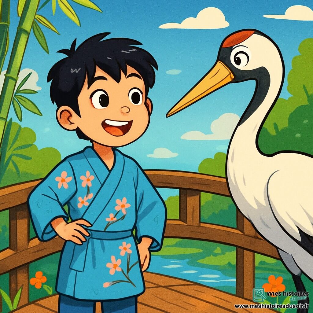 Un jeune garçon nommé Hiroshi, âgé d'environ 10 ans, se tient sur un vieux pont en bois, émerveillé. Il a des cheveux noirs et porte un kimono bleu clair avec des motifs de cerisiers. Ses yeux brillent d'excitation en observant une grue majestueuse aux plumes blanches qui semble l'inviter à s'approcher. Le pont en bois traverse une rivière scintillante, entourée de bambous et de fleurs colorées, sous un ciel bleu parsemé de nuages. Hiroshi s'approche de la grue, prêt à découvrir les mystères du monde, dans une atmosphère magique évoquant une aventure fantastique.