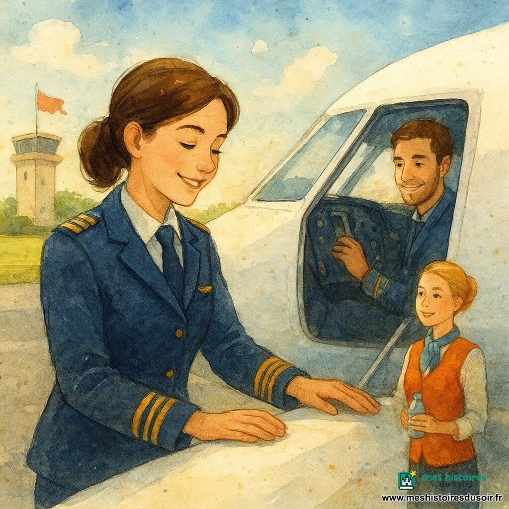 Léa, pilote de 28 ans, souriante et confiante, cheveux bruns attachés et veste bleu marine à épaulettes dorées, caresse l’aile brillante d’un avion blanc au soleil du matin ; Paul, copilote de 30 ans à la barbe légère, assis dans la cabine ouverte, la regarde en souriant en ajustant un bouton du tableau de bord à droite ; Marie, hôtesse de 29 ans aux cheveux blonds en chignon, porte un gilet coloré et tient une petite bouteille d’eau dans l’allée près de la porte ouverte. Le petit aéroport clair montre la piste, de l’herbe verte, la tour de contrôle au loin, des bagages près de l’escalier et un drapeau qui flotte ; l’ambiance est sereine et joyeuse, lumière dorée, nuages blancs et touches aquarelle.