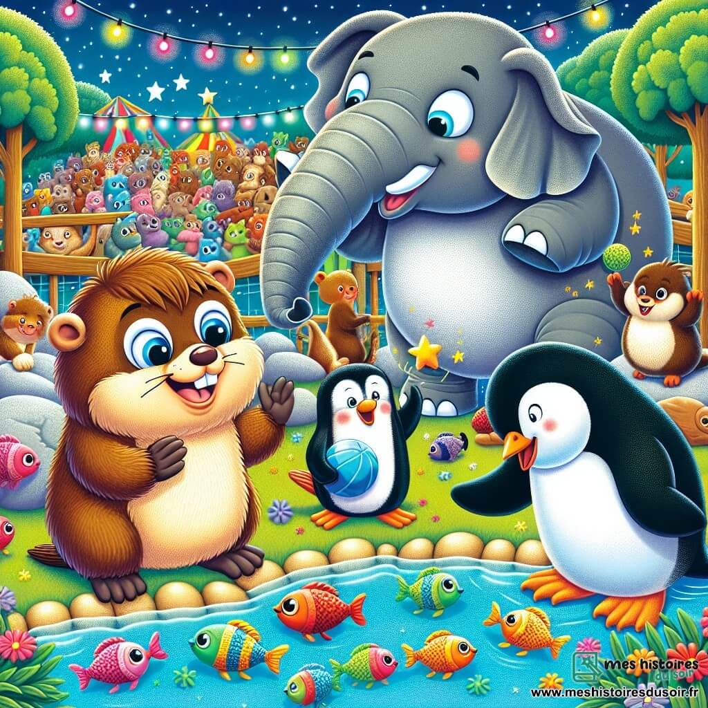 Max, la petite marmotte au pelage brun, avec de grands yeux curieux et un sourire joyeux, se tient au centre de la scène en train de rire avec ses amis. Paul le pingouin jongle avec des poissons colorés sur un petit rocher à sa droite, tandis qu'Ella l'éléphante utilise sa trompe pour chatouiller d'autres animaux, créant une ambiance festive. En arrière-plan, l'enclos du zoo est décoré de lumières scintillantes et de fleurs colorées sous un ciel étoilé. La scène montre Max et ses amis s'amusant ensemble dans une atmosphère joyeuse.