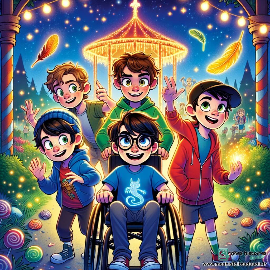 Quatre garçons se tiennent ensemble au centre de l'image, entourés d'une lueur magique. Alex, 10 ans dans un fauteuil roulant, a des cheveux bruns en bataille et porte un t-shirt bleu avec un dragon. À sa droite, Hugo, 9 ans avec des lunettes rondes et des cheveux blonds, sourit dans un sweat à capuche rouge. À gauche, Léo, 10 ans aux cheveux châtains, porte un t-shirt vert et observe la scène. Max, 8 ans avec des cheveux noirs et une casquette à l'envers, pointe une plume dorée flottant dans l'air. Le décor est un kiosque de parc enchanté, décoré de guirlandes lumineuses et de bonbons géants, sous un ciel crépusculaire. Les garçons découvrent une petite fée, Fizzebulle, qui leur demande de l'aider à retrouver les plumes dorées d'un hibou magique, Hooticus. Intrigués, ils se préparent à partir à l'aventure pour rétablir la magie de leur ville.