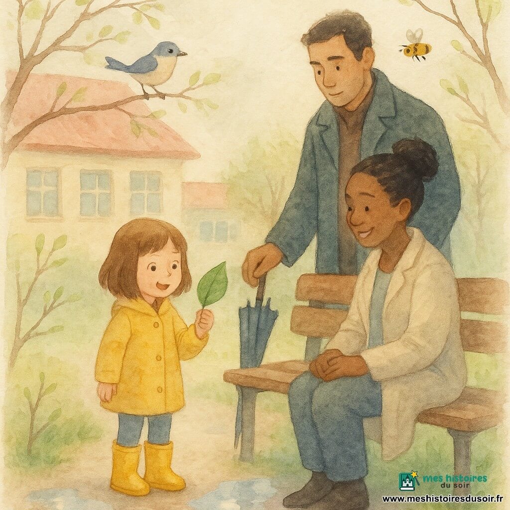 Une fillette de six ans, émerveillée, cheveux châtain au carré, en petite veste jaune et bottes assorties, tient une feuille verte brillante; à côté d'elle, assise sur un banc en bois humide, une femme d'environ 30–35 ans, souriante et douce, cheveux en chignon, la regarde tendrement, tandis qu'un homme d'environ 30–35 ans, protecteur, manteau sombre et parapluie plié, se tient derrière elle la main sur l'épaule; un oiseau gris-bleu chante sur une branche au-dessus et une abeille bourdonne près d'un bourgeon vert; décor : petit terrain derrière une école après la pluie avec chemin de graviers brillants, petites flaques, bourgeons sur branches nues, gouttes et lumière douce du matin, palette pastel aux textures aquarelle.