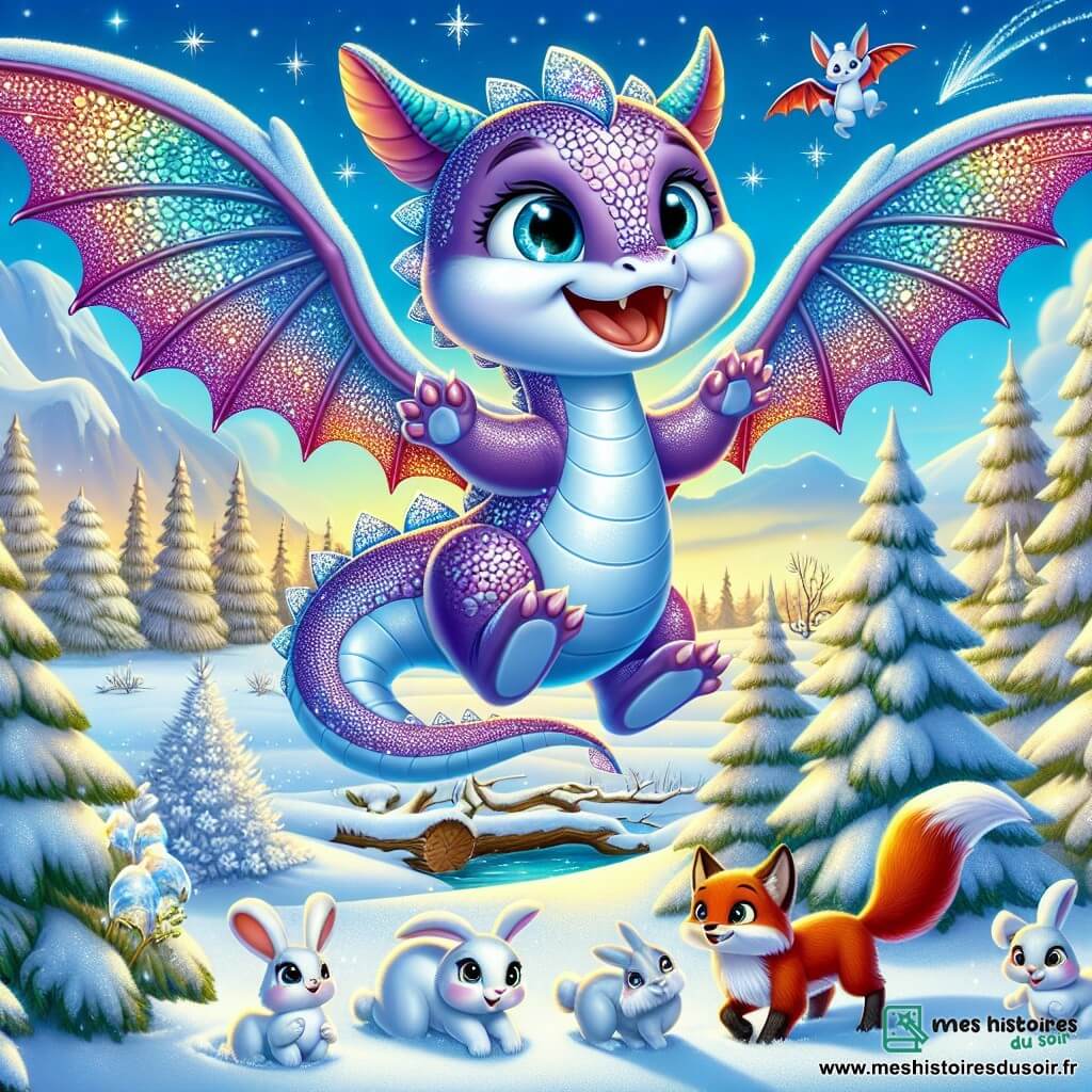 Petalune, un dragonneau aux écailles scintillantes comme des cristaux d'améthyste, vole joyeusement dans le ciel d'hiver, ses grandes ailes colorées se déployant avec grâce. Il sourit, ses yeux pétillants de curiosité, découvrant la beauté de la forêt enneigée. Près de là, des lapins blancs aux pelages duveteux s'amusent à sauter dans la neige, tandis qu'un renard roux les observe, caché derrière un sapin. La scène se déroule dans la grande Forêt Dorée, avec des sapins majestueux chargés de neige scintillante et un sol recouvert d'une épaisse couche de neige immaculée. Petalune survole la forêt, émerveillé par l'hiver, tandis que les lapins jouent et que le renard observe, créant une atmosphère joyeuse et magique.