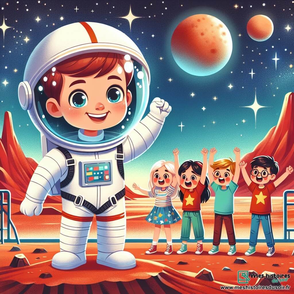 Un astronaute nommé Sam se tient sur la surface rouge de Mars, souriant derrière son casque transparent qui reflète les étoiles. À proximité, quatre garçons et deux filles, âgés de 7 à 10 ans, regardent fascinés l'aventure de Sam sur un écran de télévision. Ils portent des vêtements colorés et sautent de joie en l'encourageant. La scène se déroule sur Mars, avec un ciel étoilé, des montagnes rouges et un sol parsemé de pierres et de cratères. Sam lève les bras en signe de victoire, prêt à explorer, tandis que les enfants rêvent de devenir des explorateurs de l'espace.